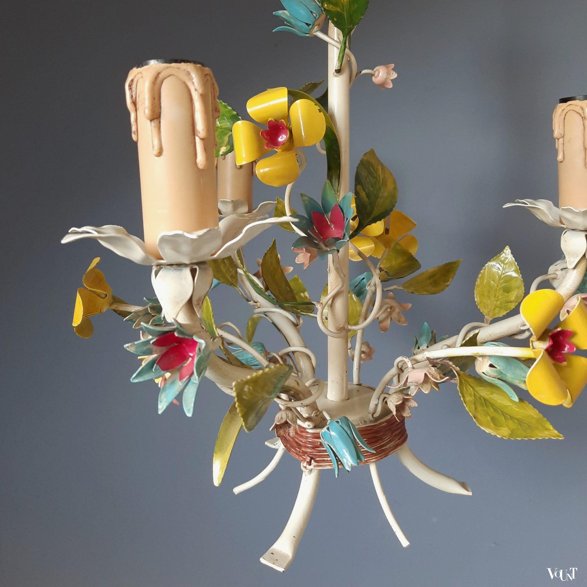 Franse metalen hanglamp bloemen, jaren '60