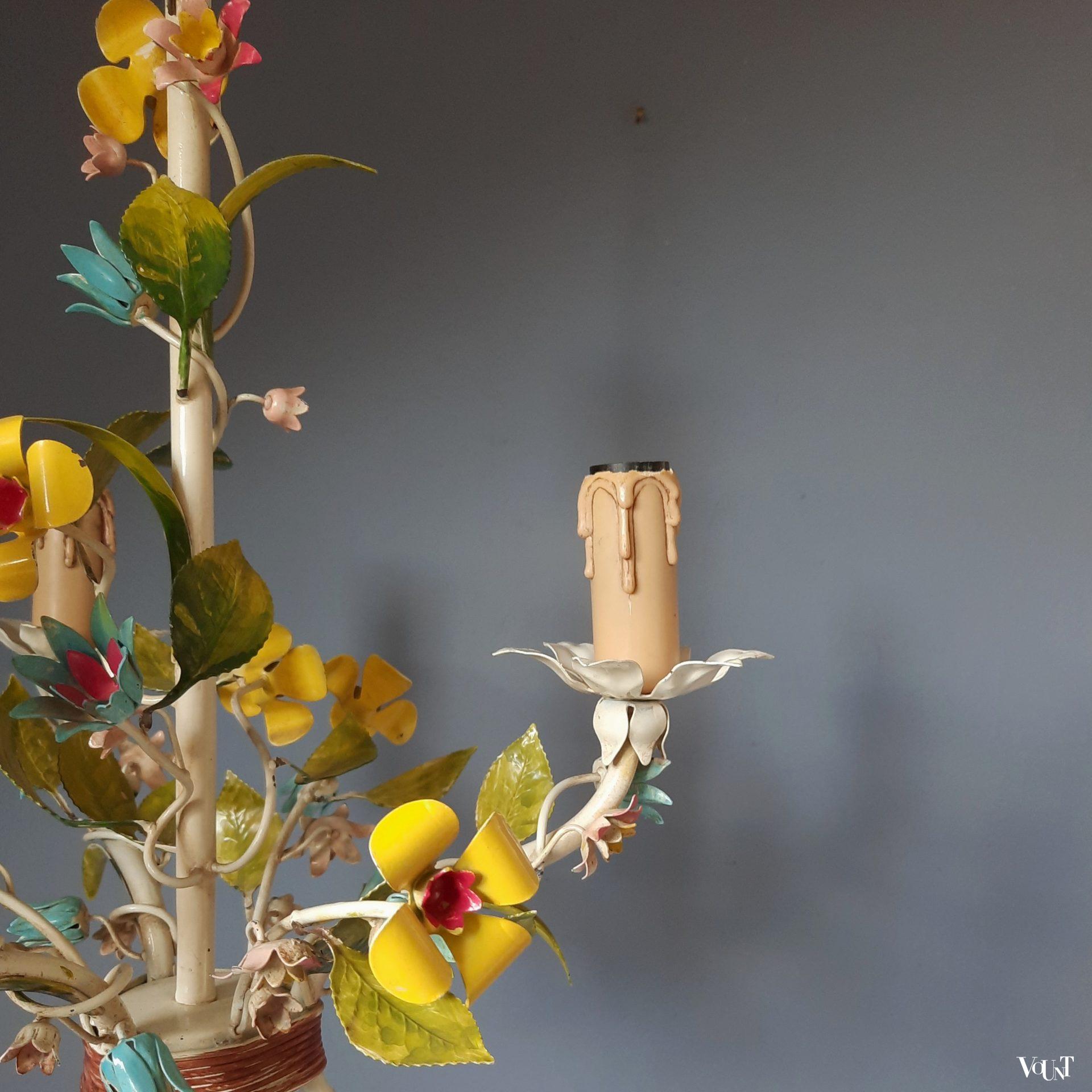 Franse metalen hanglamp bloemen, jaren '60