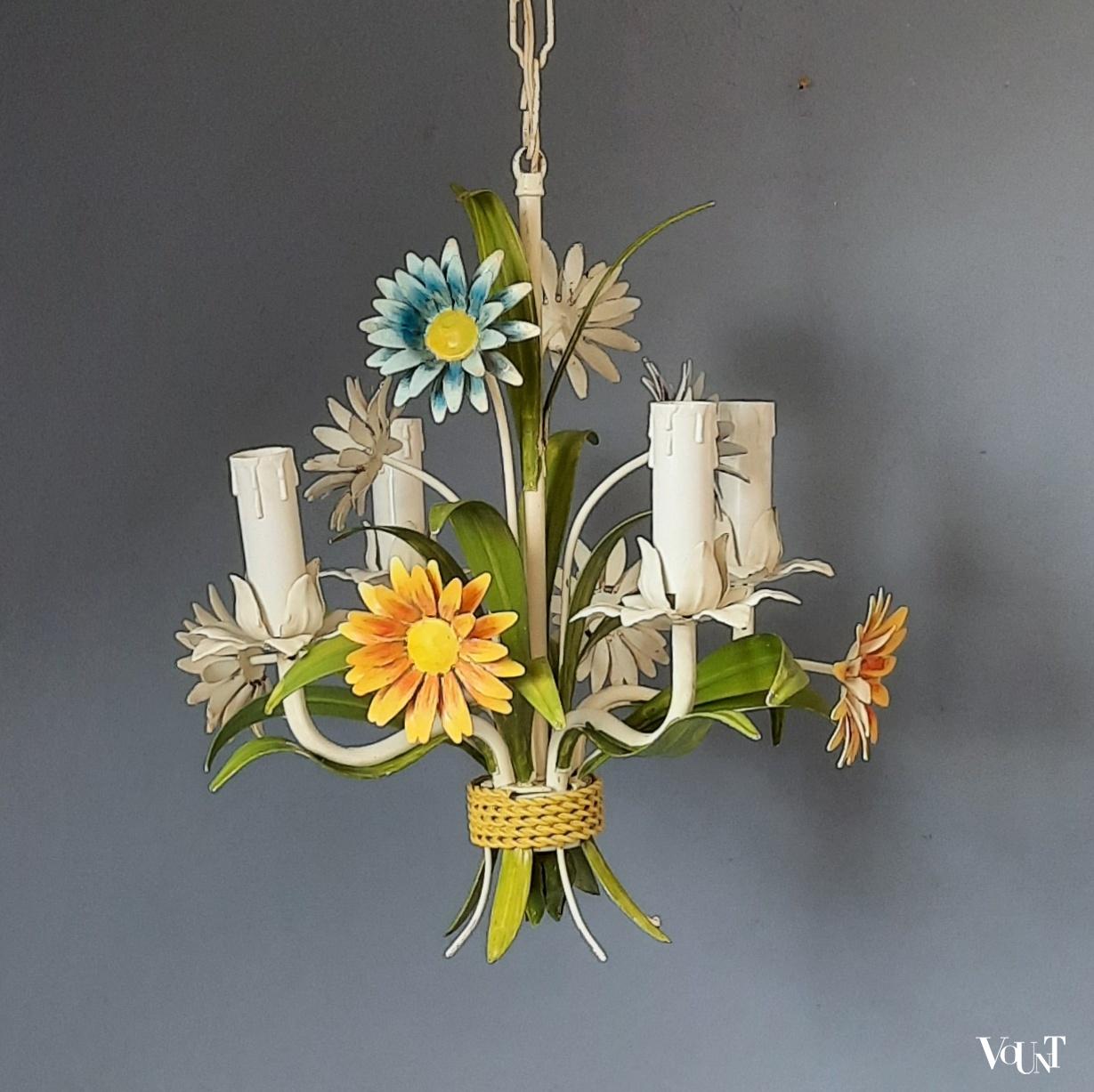 Franse metalen hanglamp bloemen, jaren '60