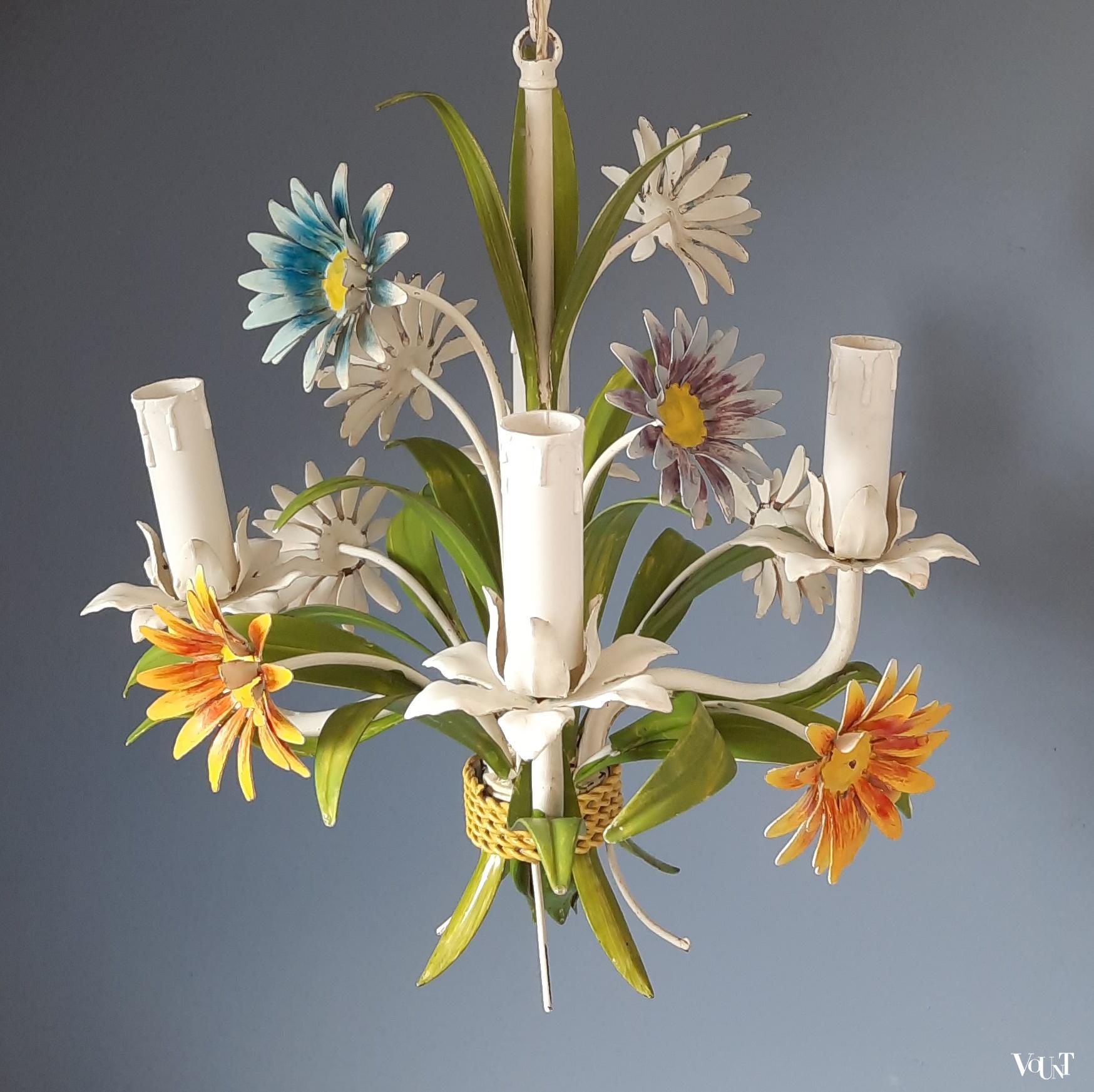 Franse metalen hanglamp bloemen, jaren '60