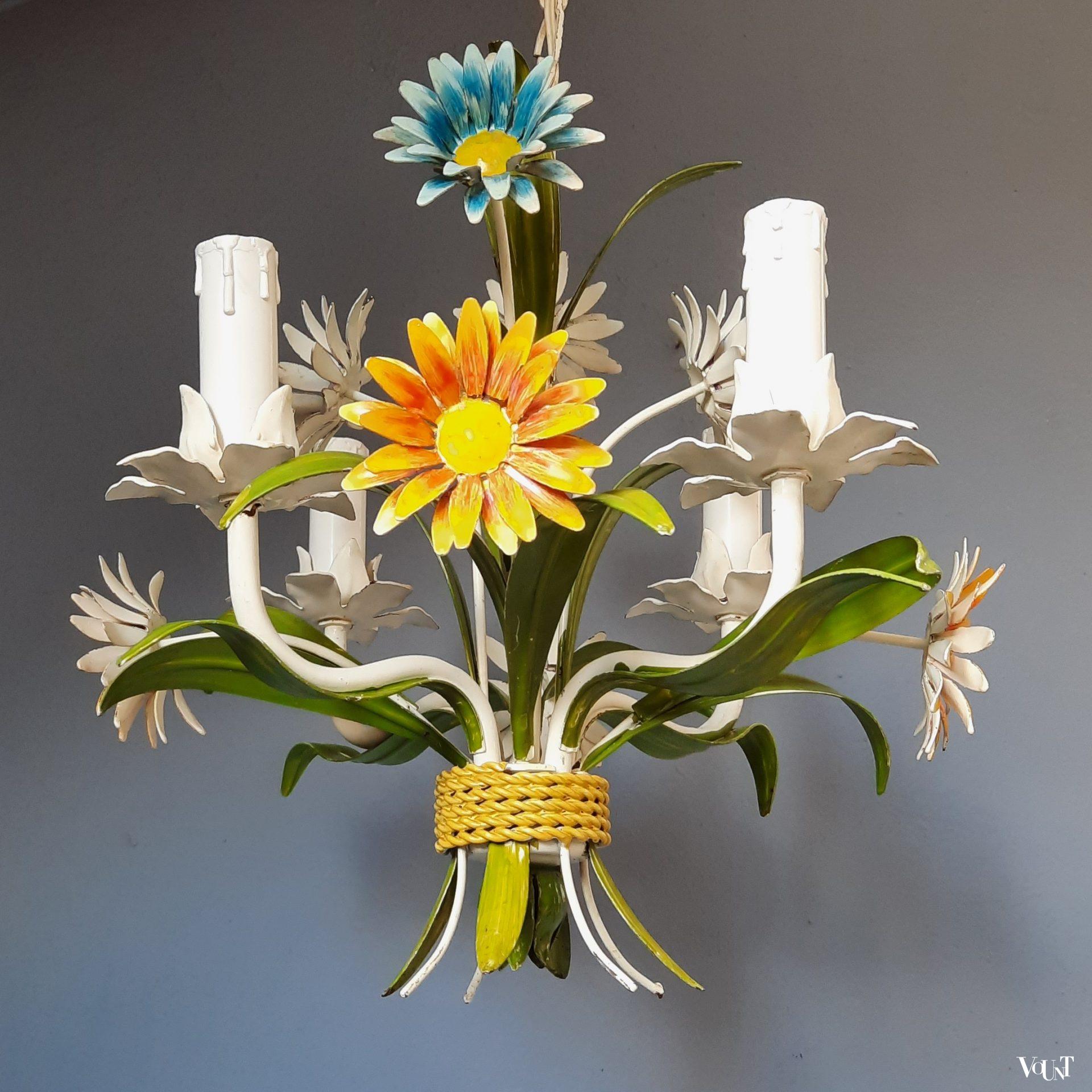 Franse metalen hanglamp bloemen, jaren '60