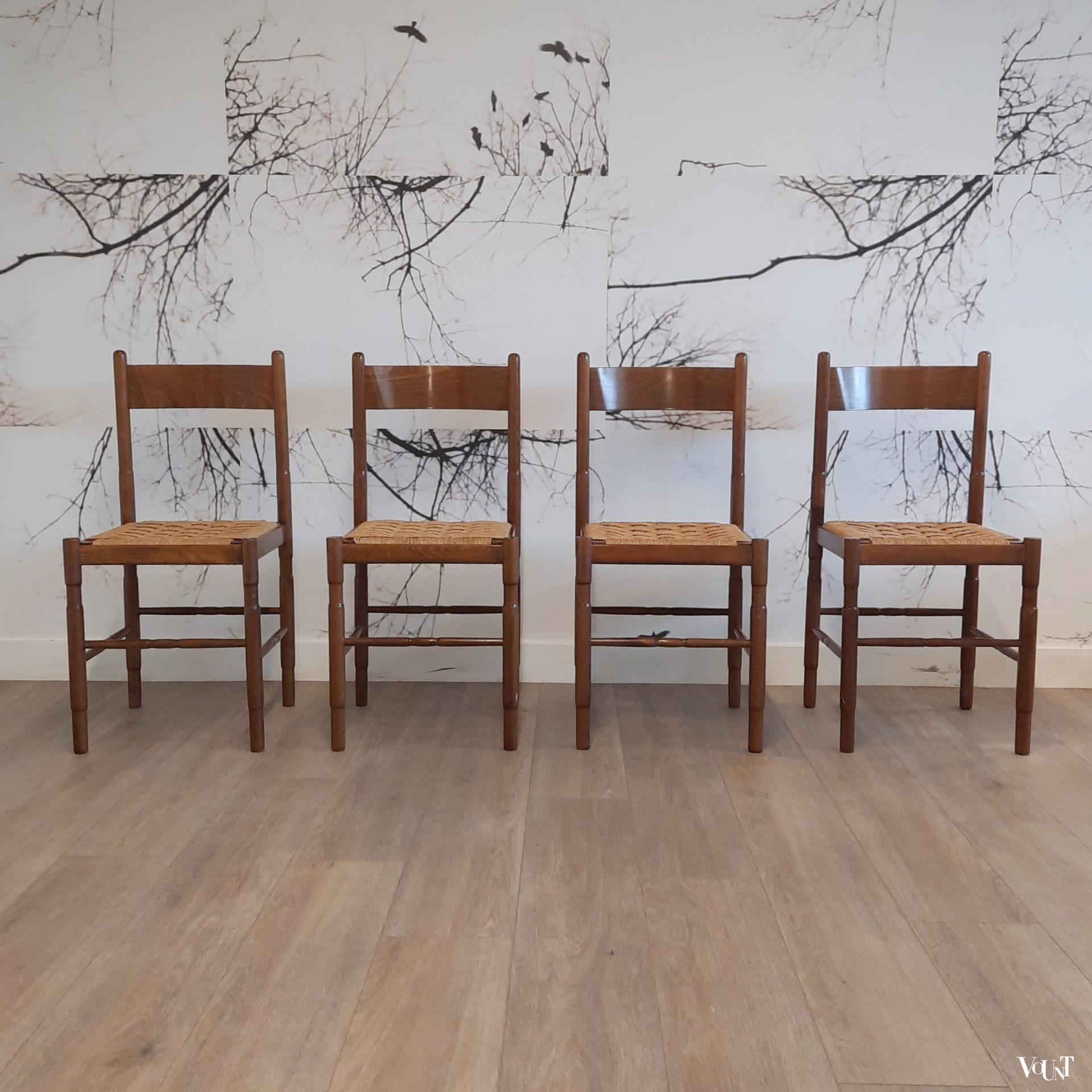 Set van 4 Franse jaren '70 eettafelstoelen met touwzitting