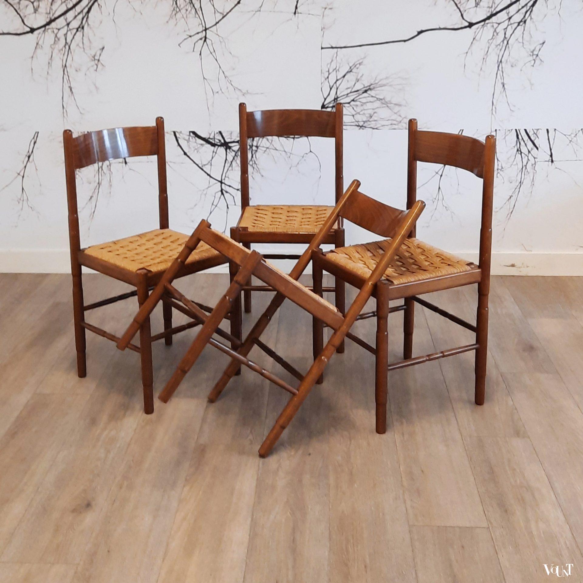 Set van 4 Franse jaren '70 eettafelstoelen met touwzitting