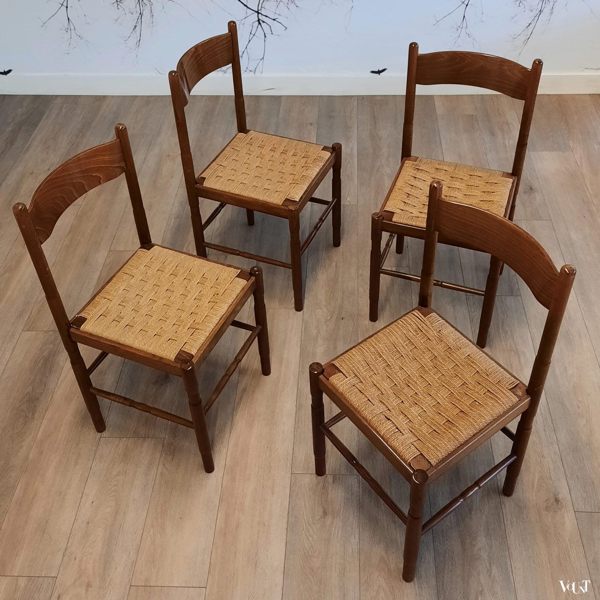 Set van 4 Franse jaren '70 eettafelstoelen met touwzitting