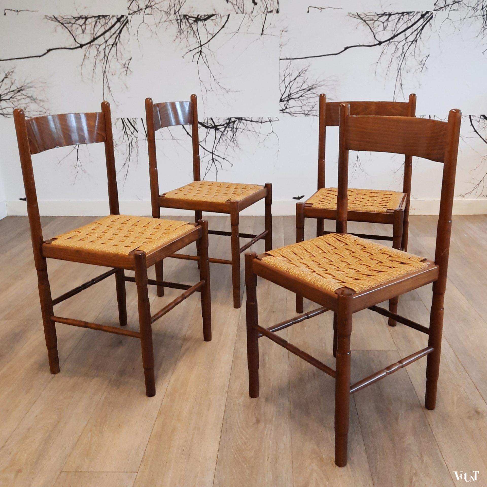 Set van 4 Franse jaren '70 eettafelstoelen met touwzitting