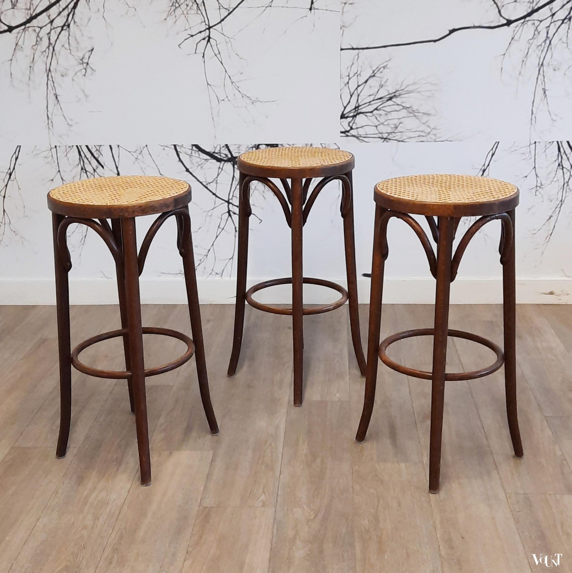 Set van 3 bentwood barkrukken met rotan zitting, jaren '70