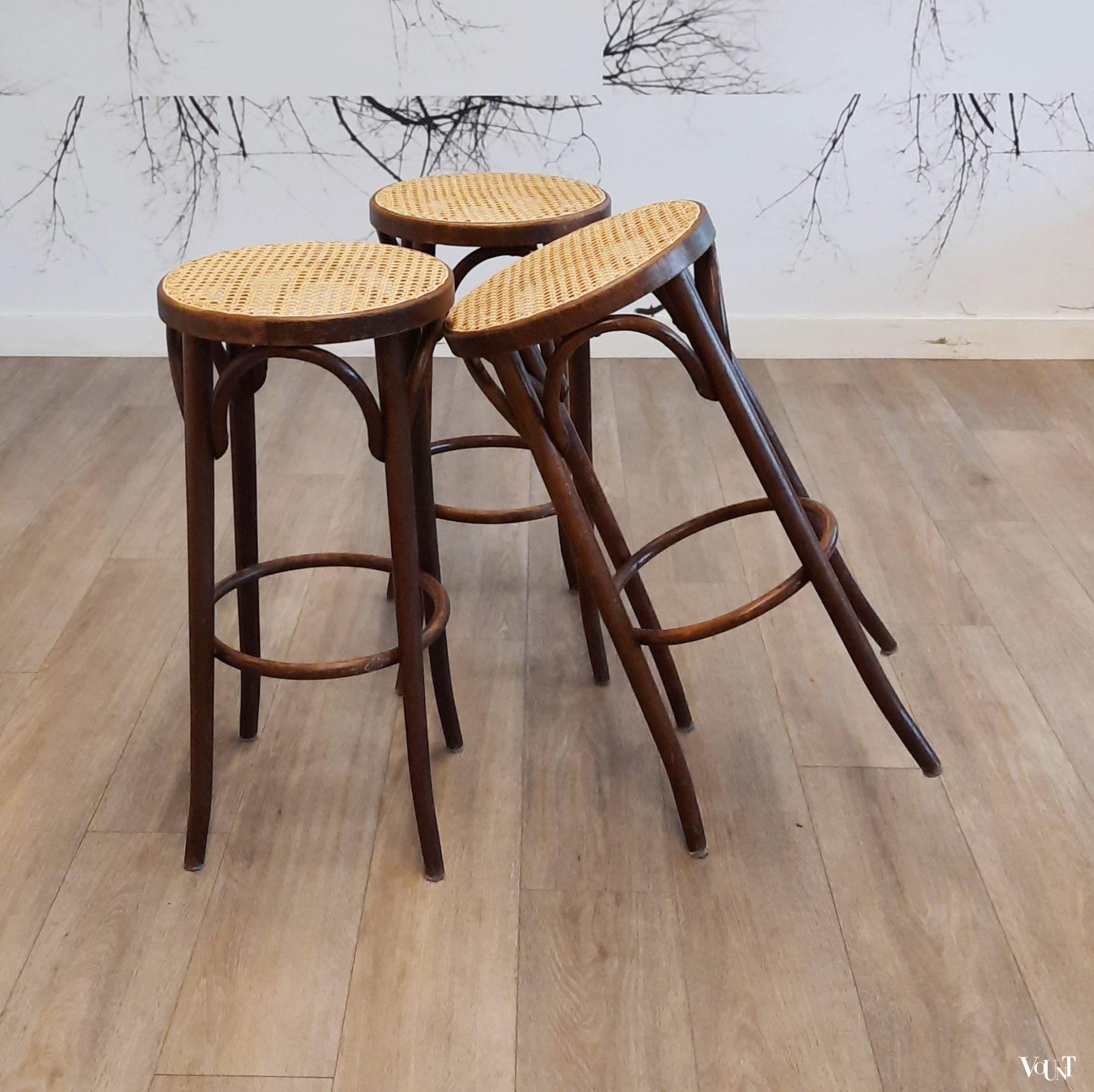Set van 3 bentwood barkrukken met rotan zitting, jaren '70