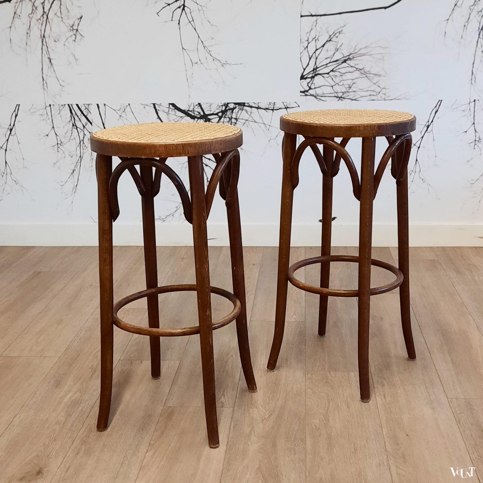 Set van 2 bentwood barkrukken met rotan zitting, jaren '70