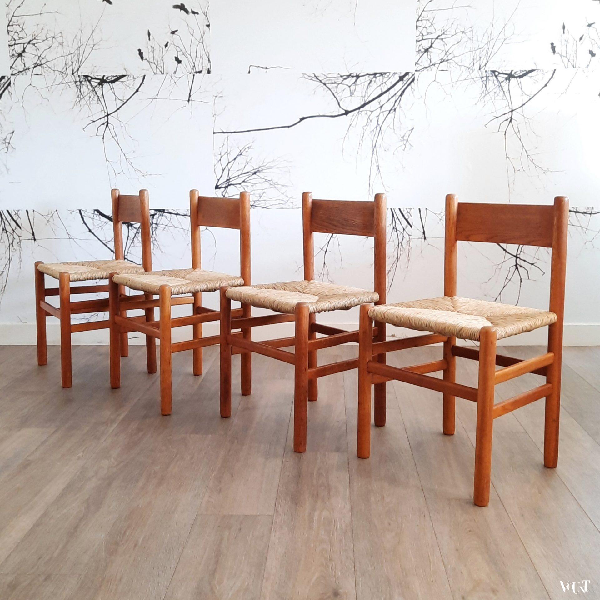 Set van 4 stoelen met biezen zitting, J.W. van Heuvel voor Ad Vorm, jaren '60