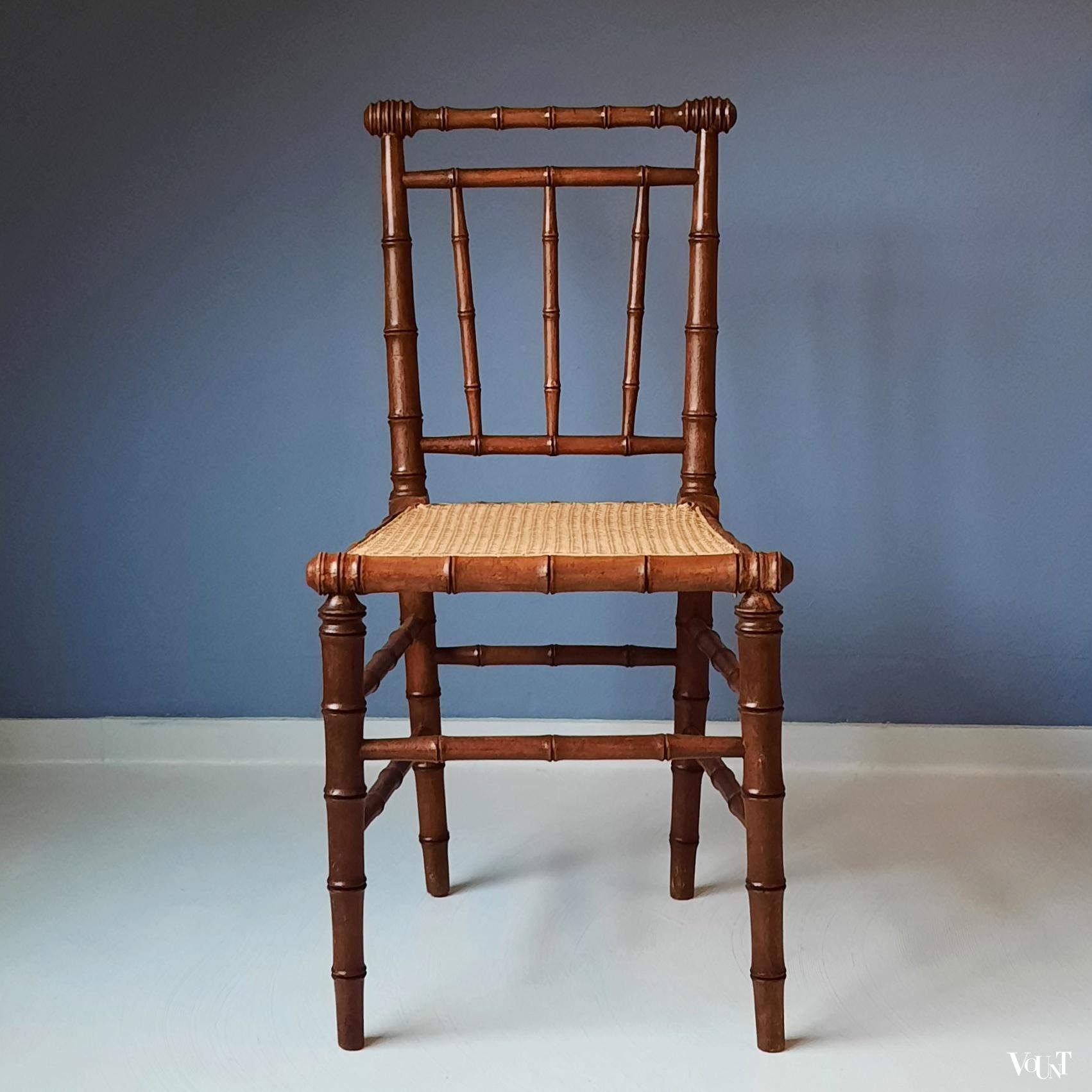 Faux bamboo stoeltje met rotan zitting, rond 1900