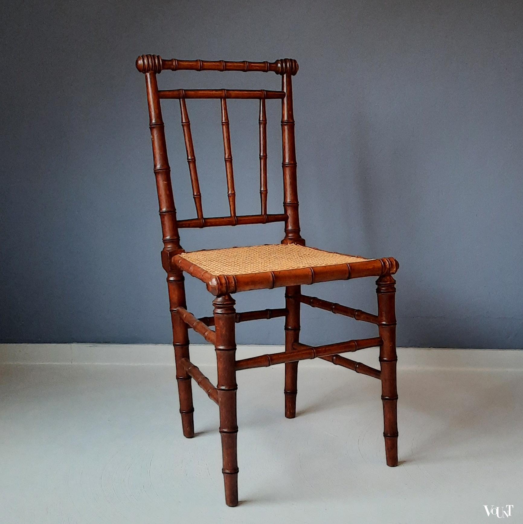 Faux bamboo stoeltje met rotan zitting, rond 1900