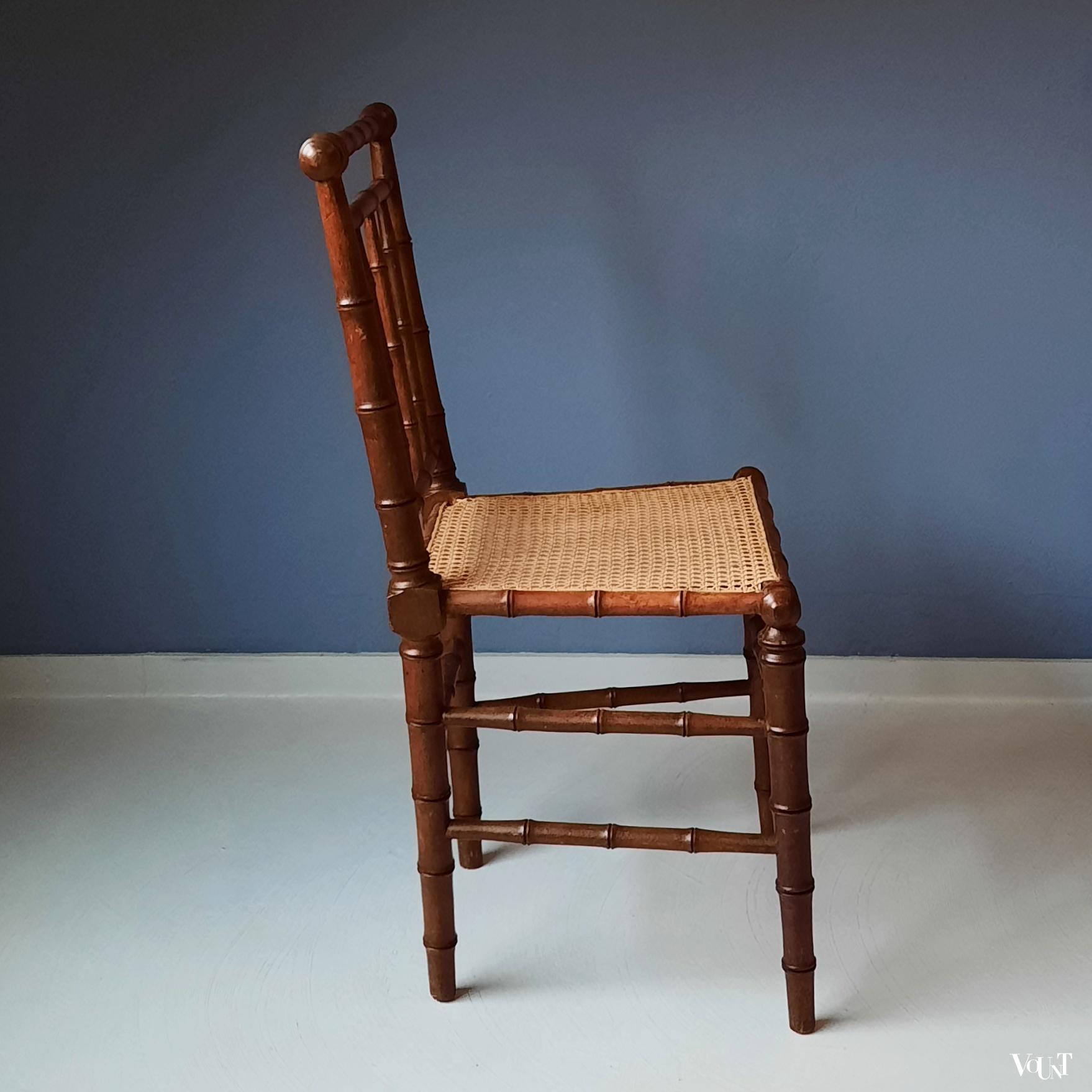 Faux bamboo stoeltje met rotan zitting, rond 1900