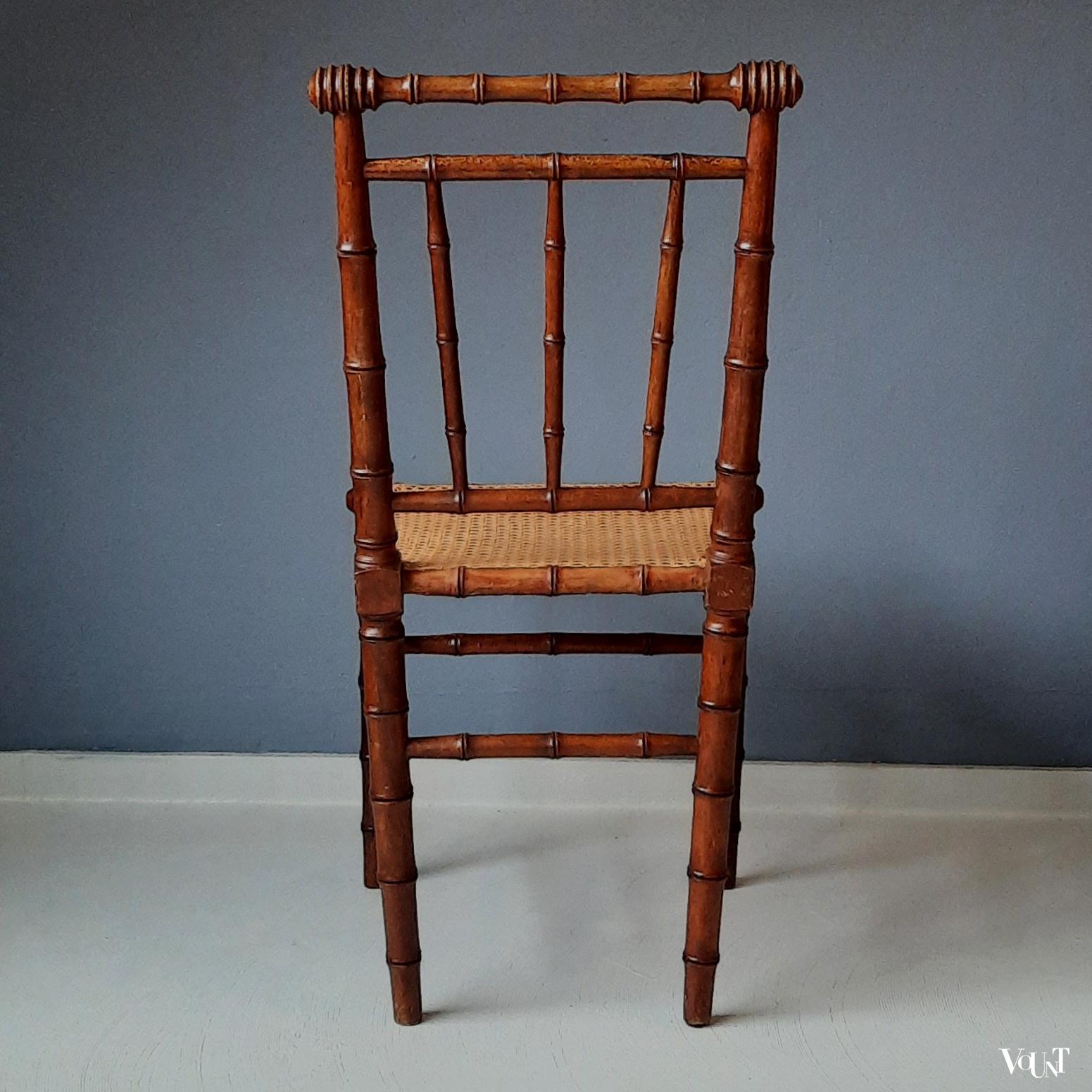 Faux bamboo stoeltje met rotan zitting, rond 1900
