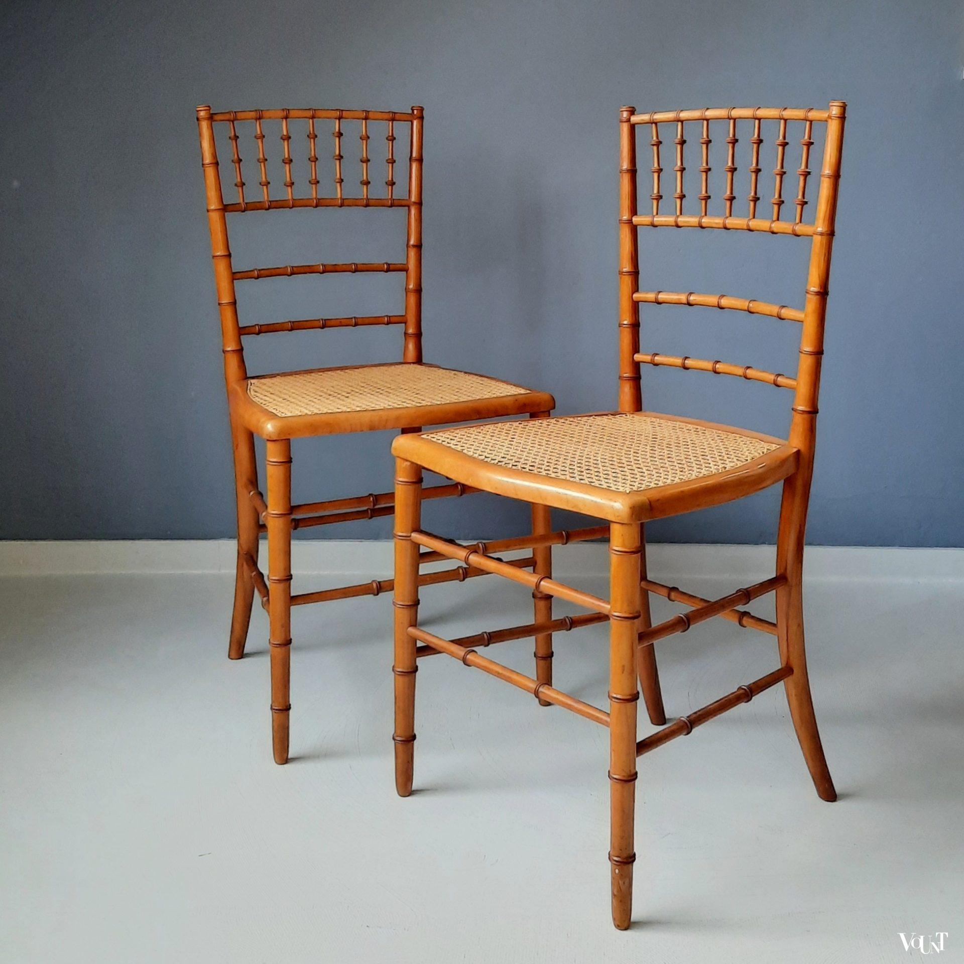 Set van 2 faux bamboo stoeltjes met rotan zitting, Frankrijk, rond 1900