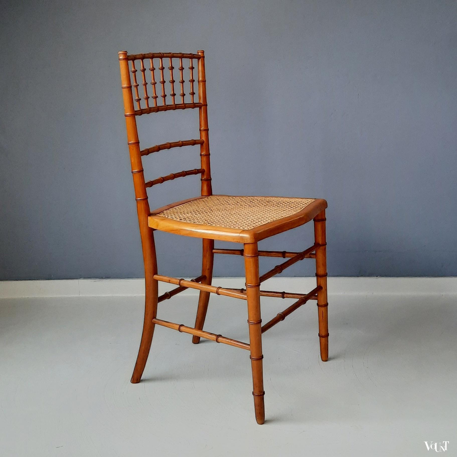 Set van 2 faux bamboo stoeltjes met rotan zitting, Frankrijk, rond 1900