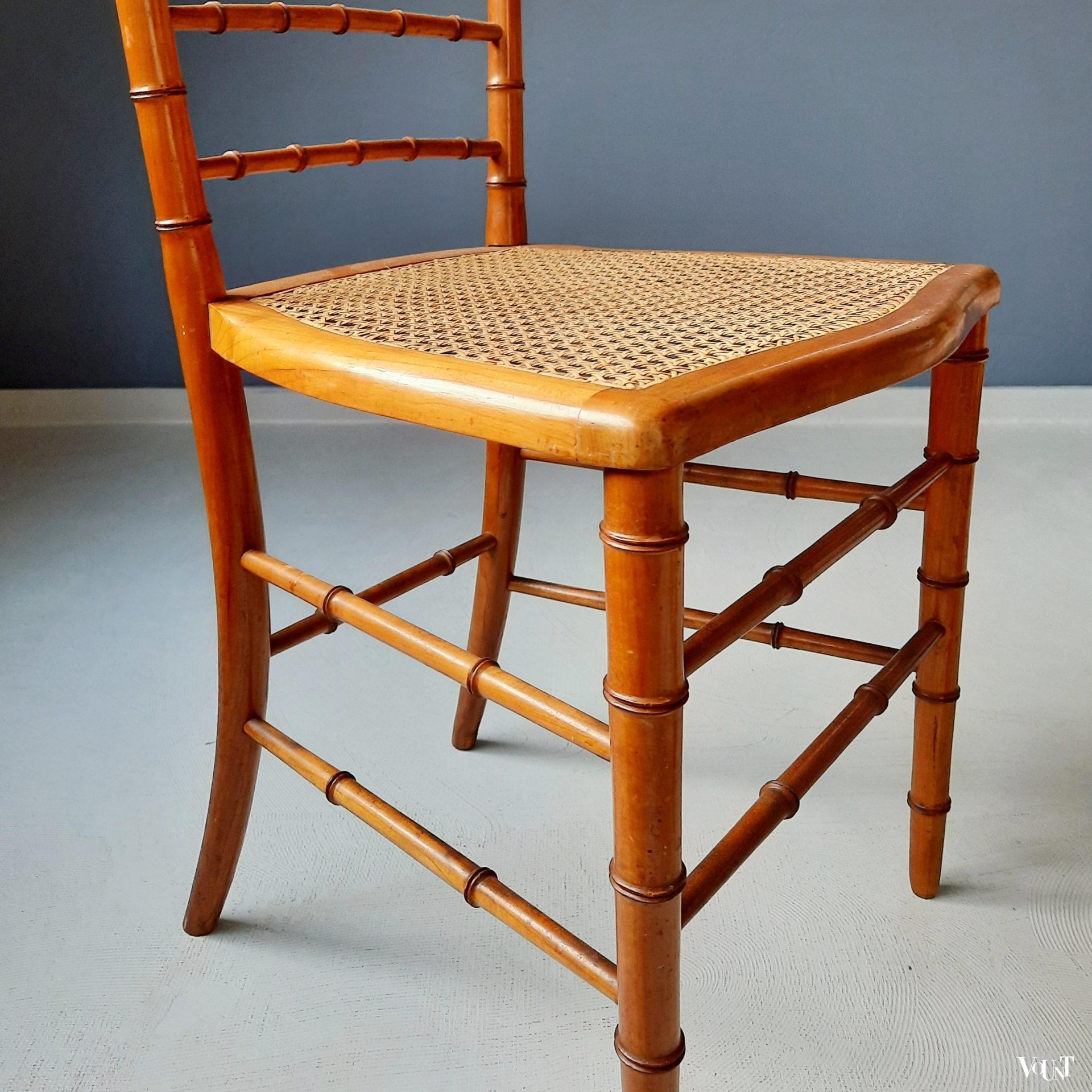 Set van 2 faux bamboo stoeltjes met rotan zitting, Frankrijk, rond 1900