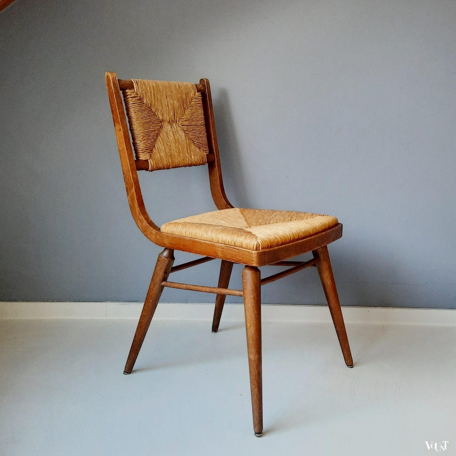 Vintage stoel met biezen zitting en rugleuning, jaren '50