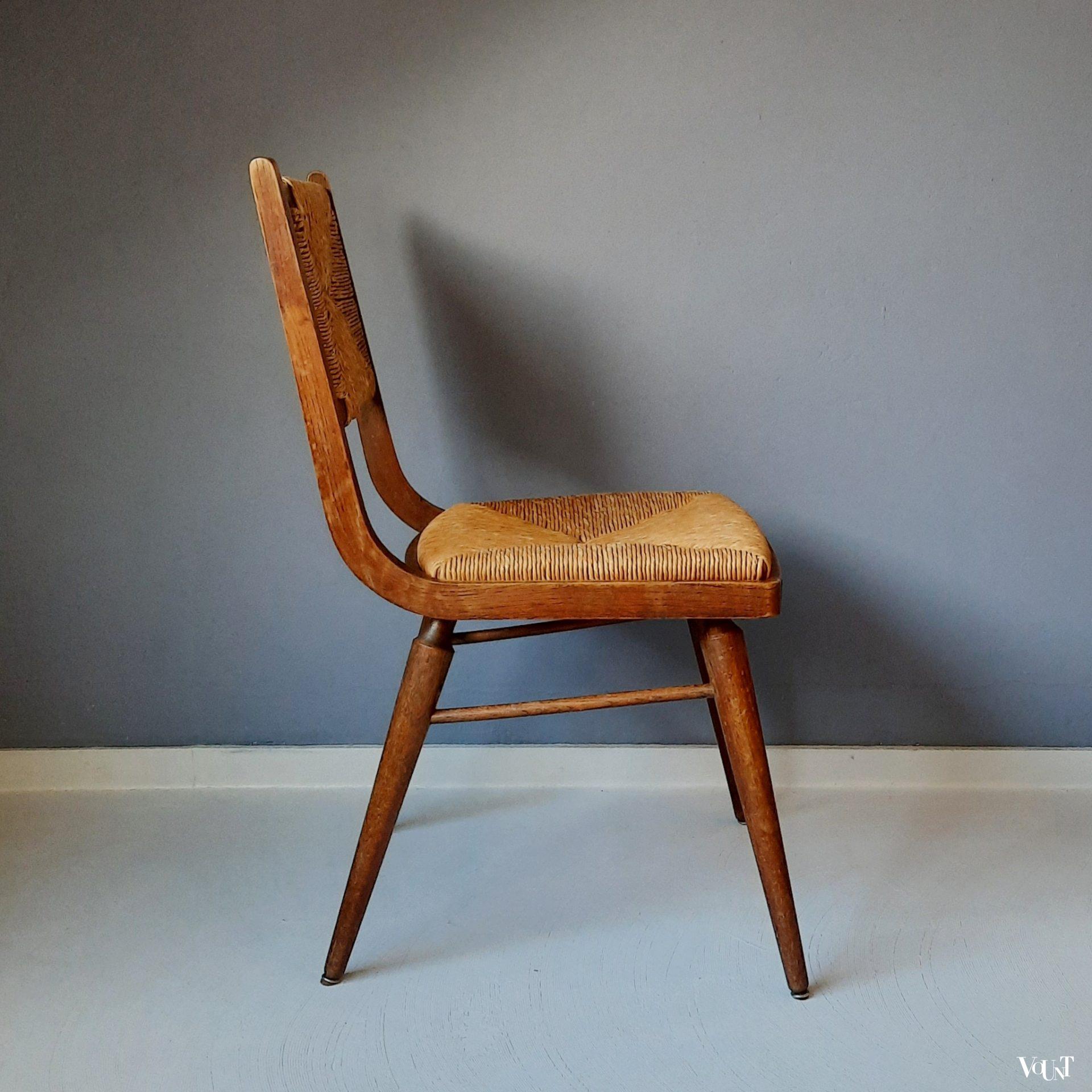 Vintage stoel met biezen zitting en rugleuning, jaren '50