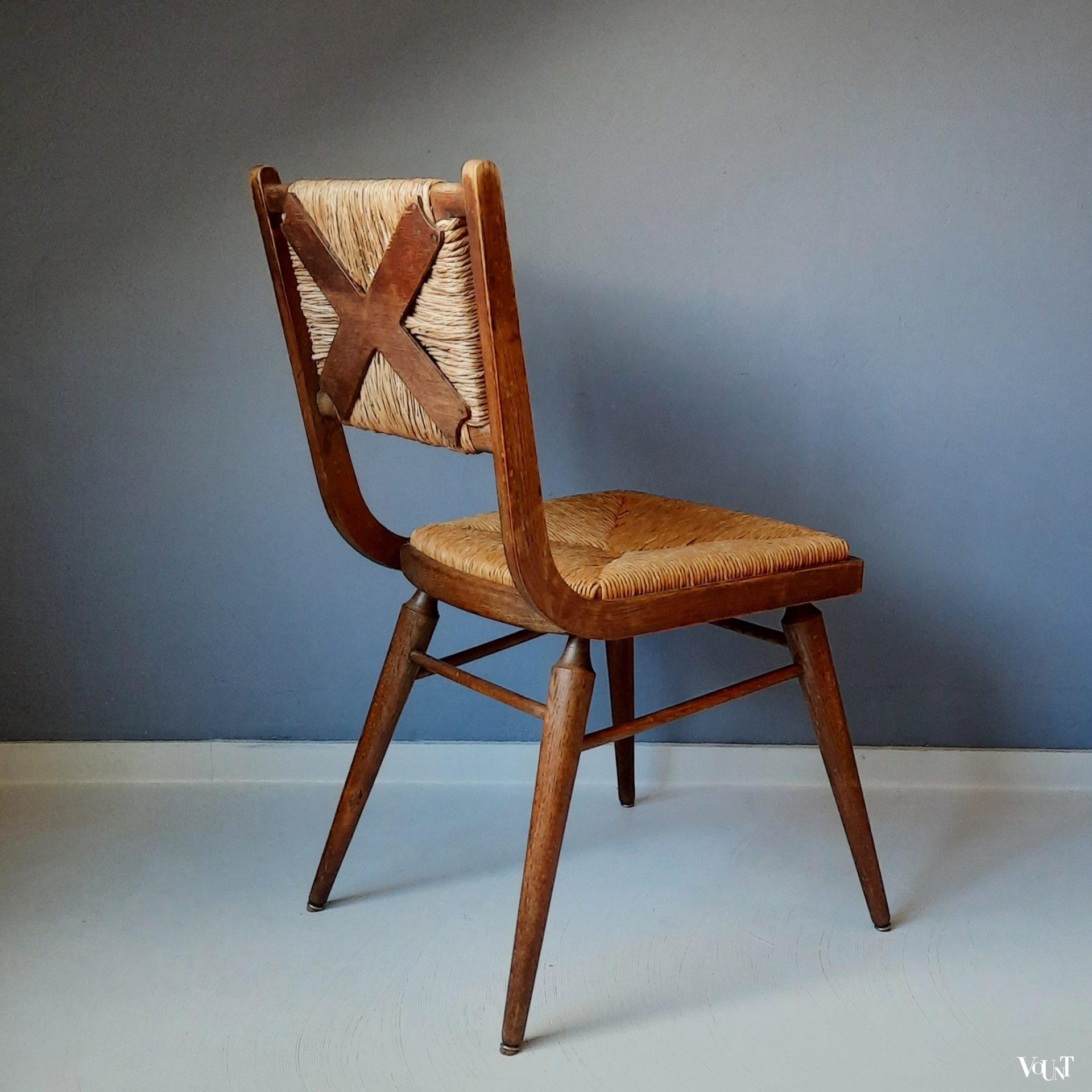 Vintage stoel met biezen zitting en rugleuning, jaren '50