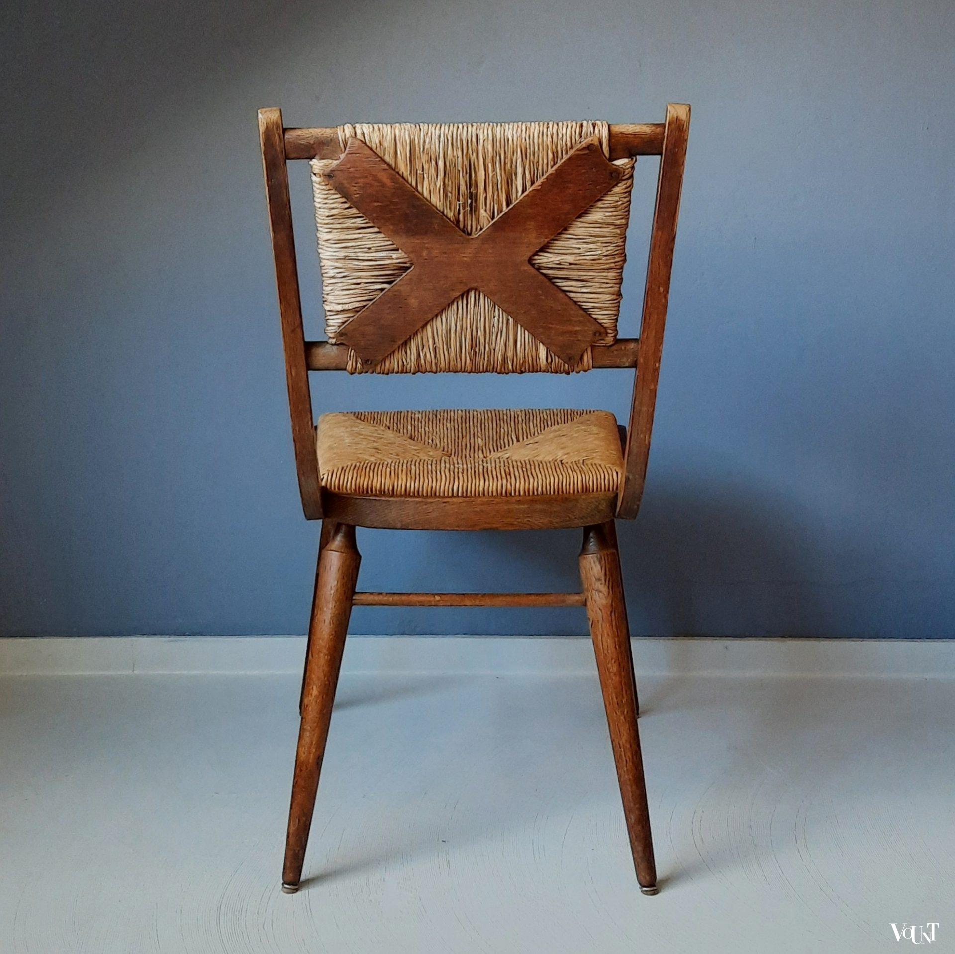 Vintage stoel met biezen zitting en rugleuning, jaren '50