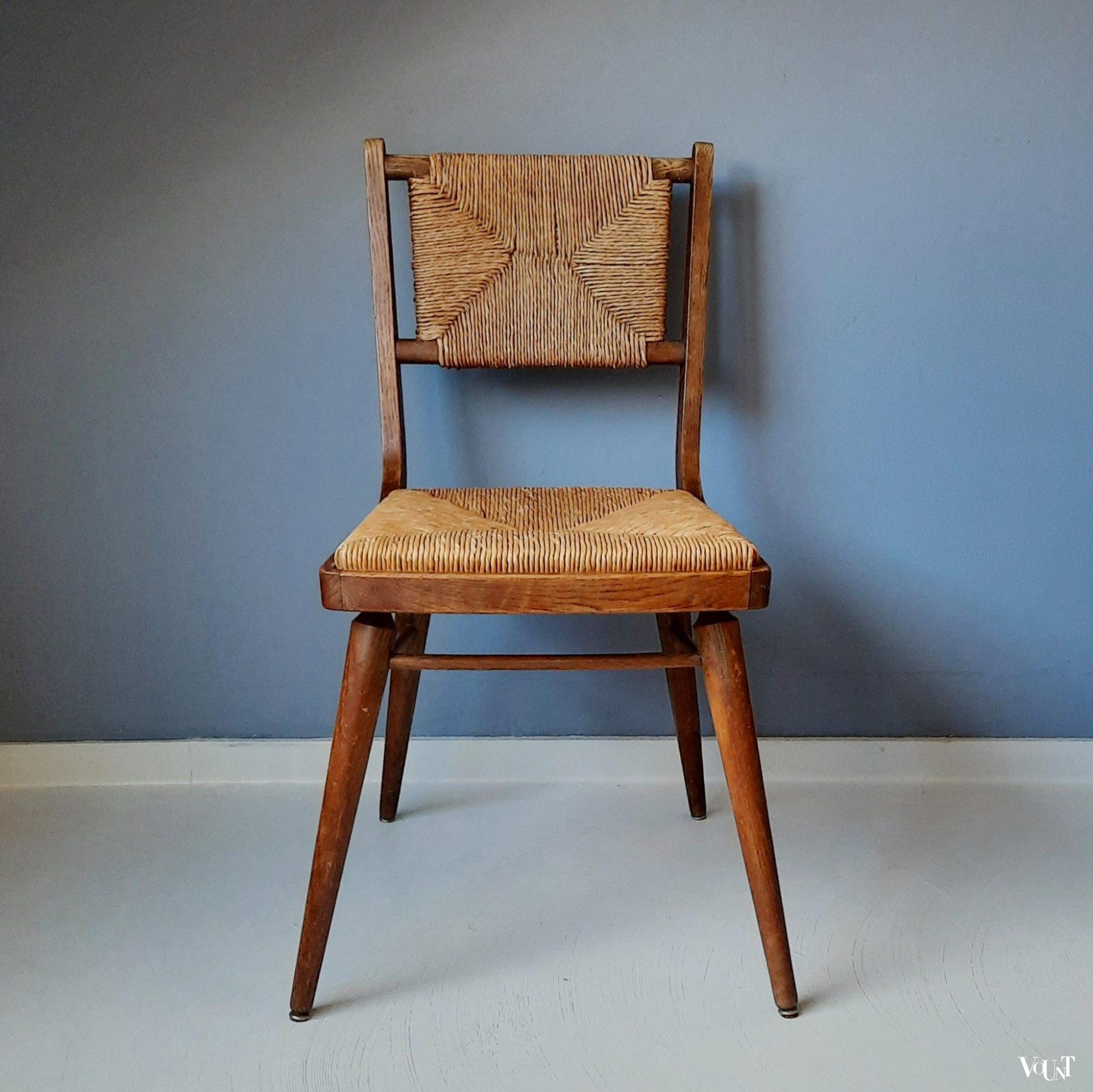 Vintage stoel met biezen zitting en rugleuning, jaren '50