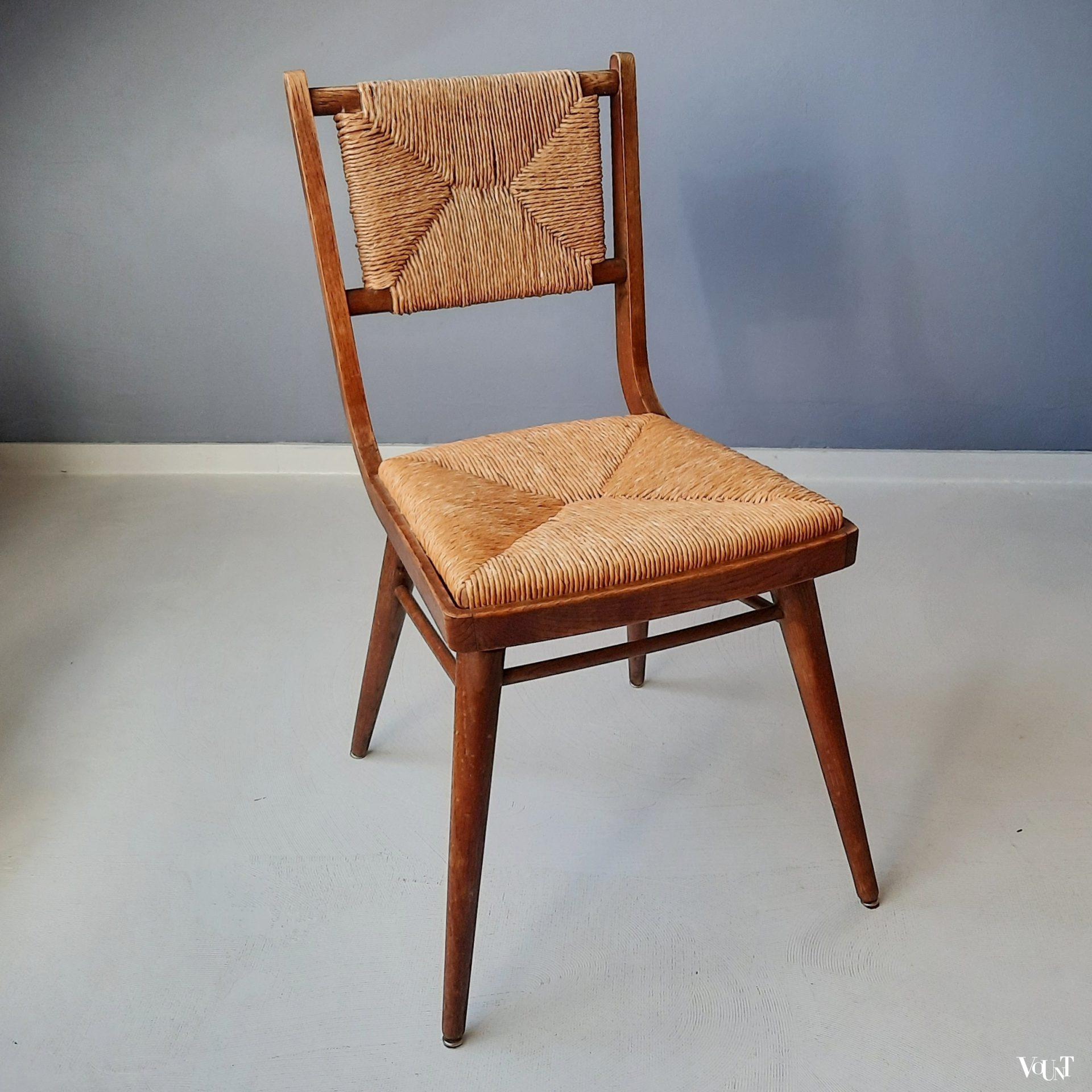 Vintage stoel met biezen zitting en rugleuning, jaren '50