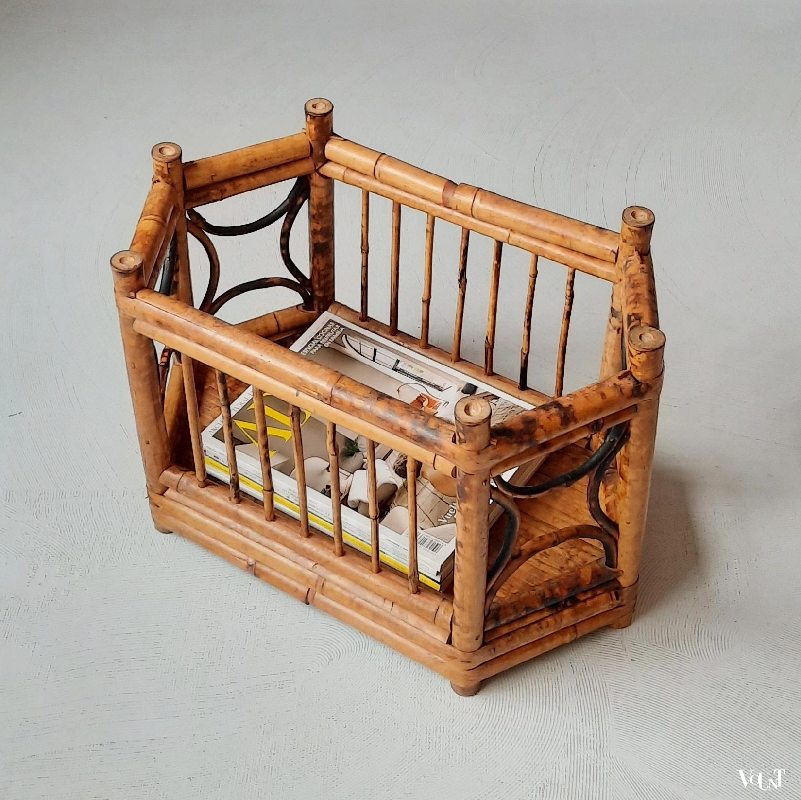 Vintage lectuurhouder / tijdschriftenbak van tijgerbamboe