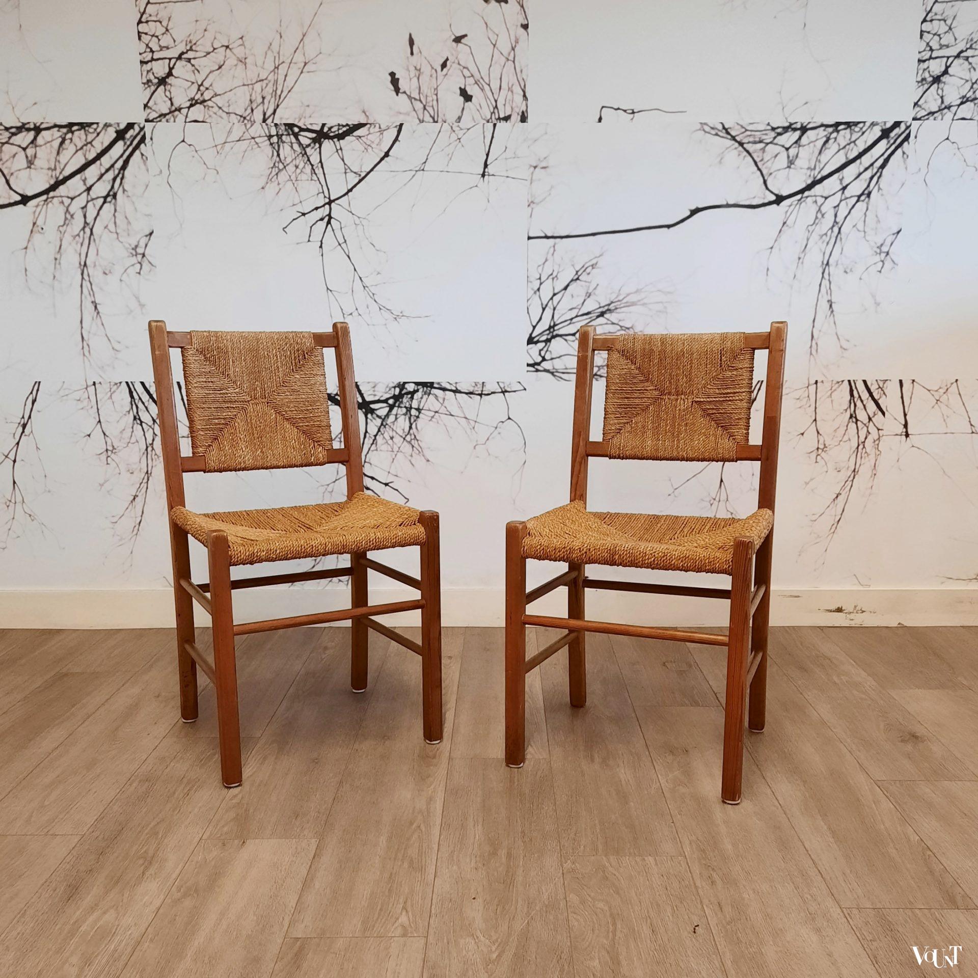 Set van 2 grenen houten stoelen met touwzitting en -rugleuning, jaren '60