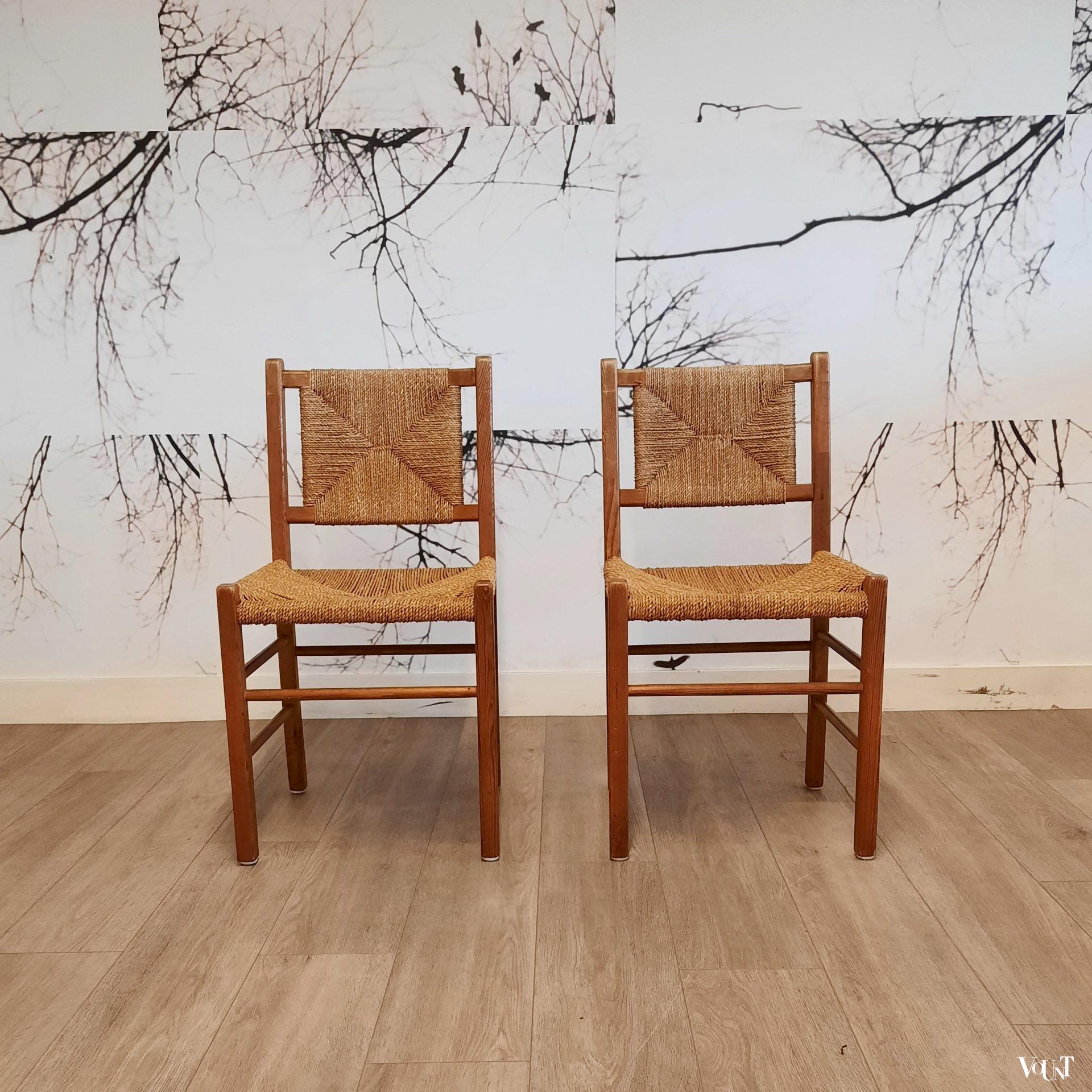 Set van 2 grenen houten stoelen met touwzitting en -rugleuning, jaren '60