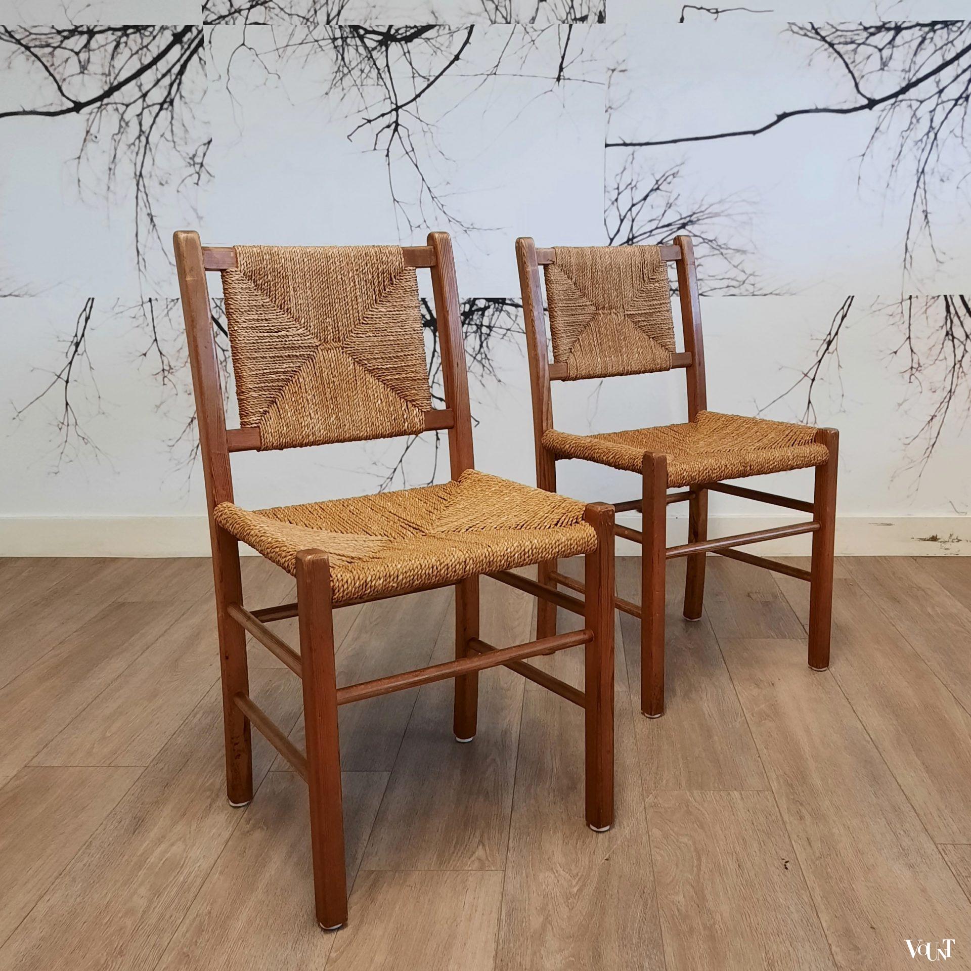 Set van 2 grenen houten stoelen met touwzitting en -rugleuning, jaren '60