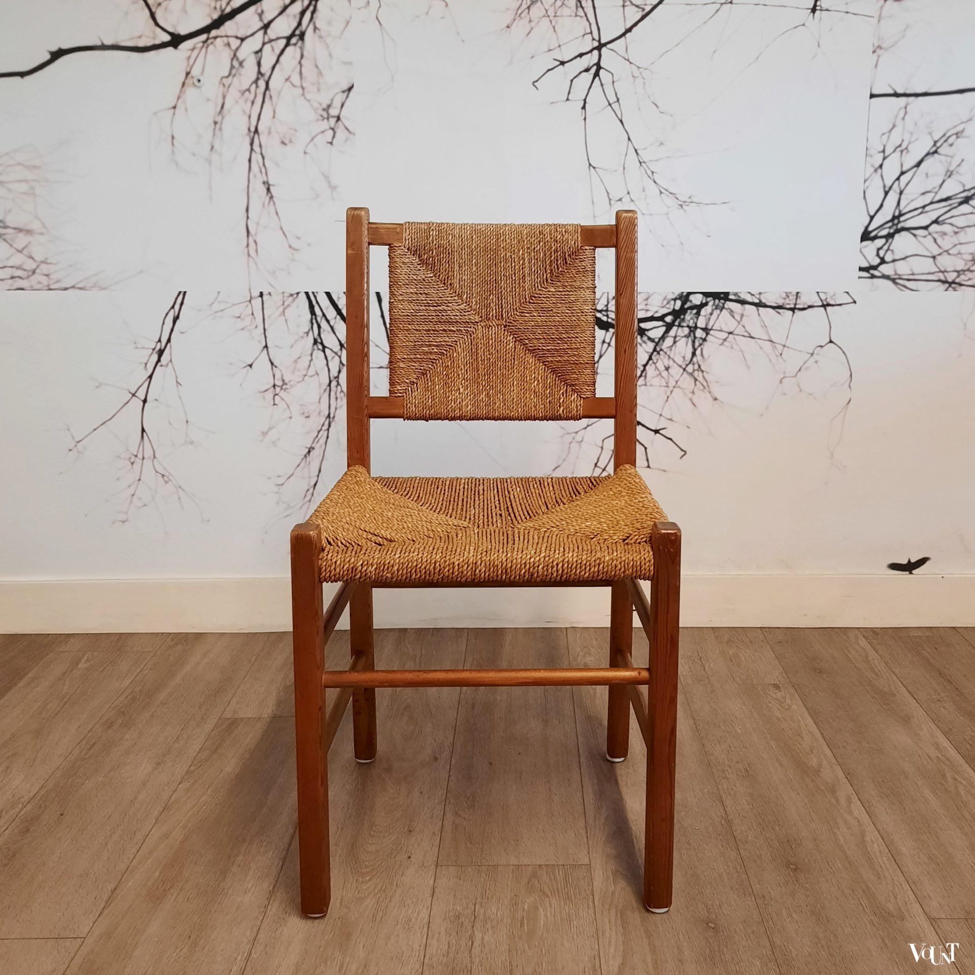 Set van 2 grenen houten stoelen met touwzitting en -rugleuning, jaren '60