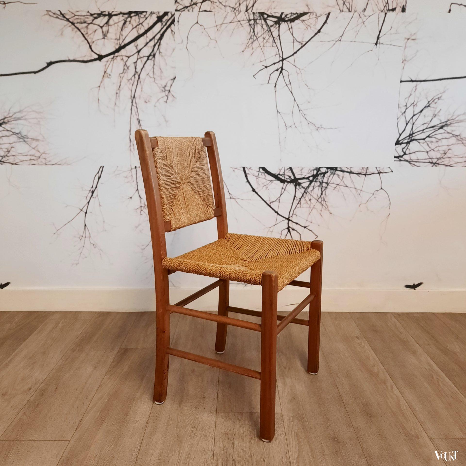 Set van 2 grenen houten stoelen met touwzitting en -rugleuning, jaren '60