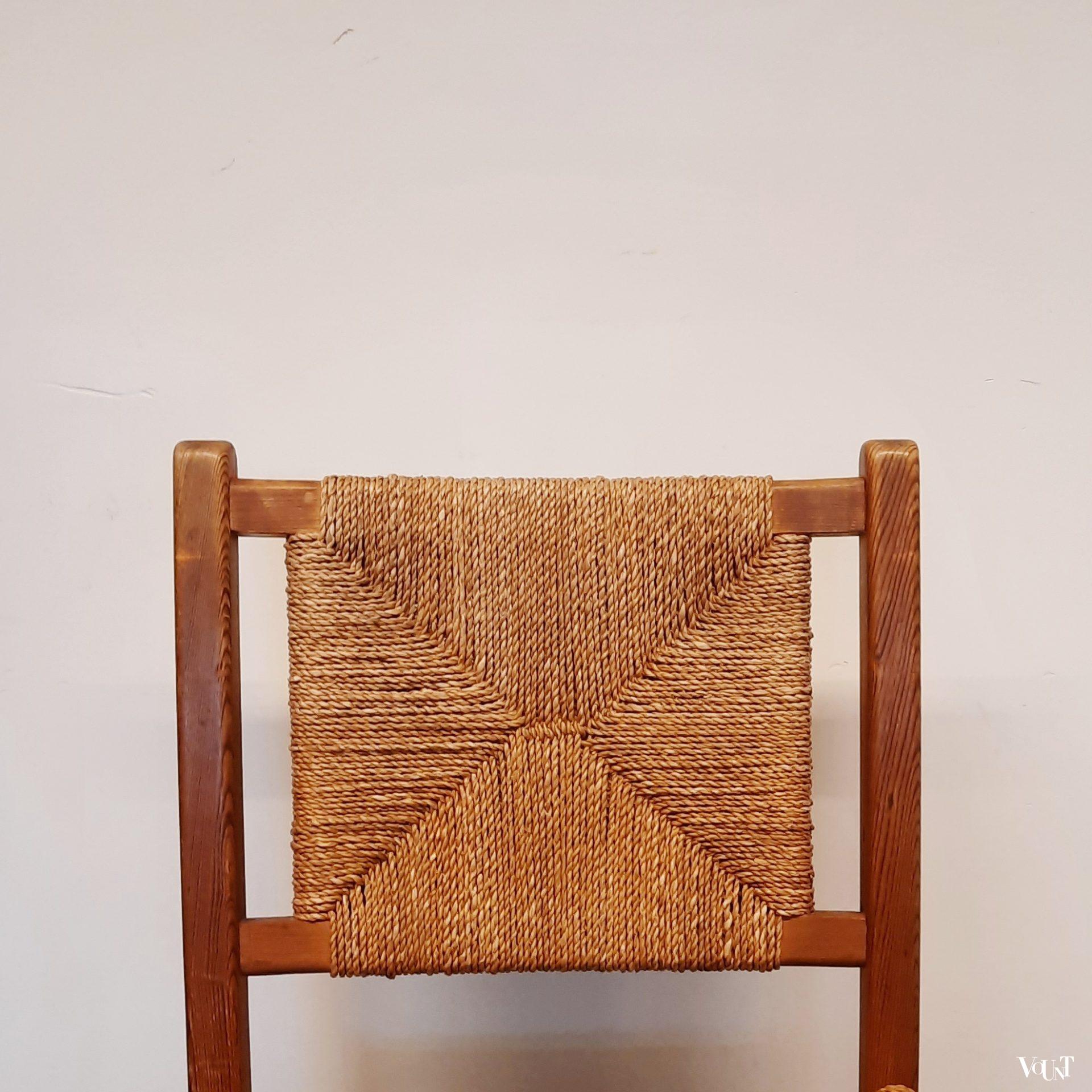 Set van 2 grenen houten stoelen met touwzitting en -rugleuning, jaren '60