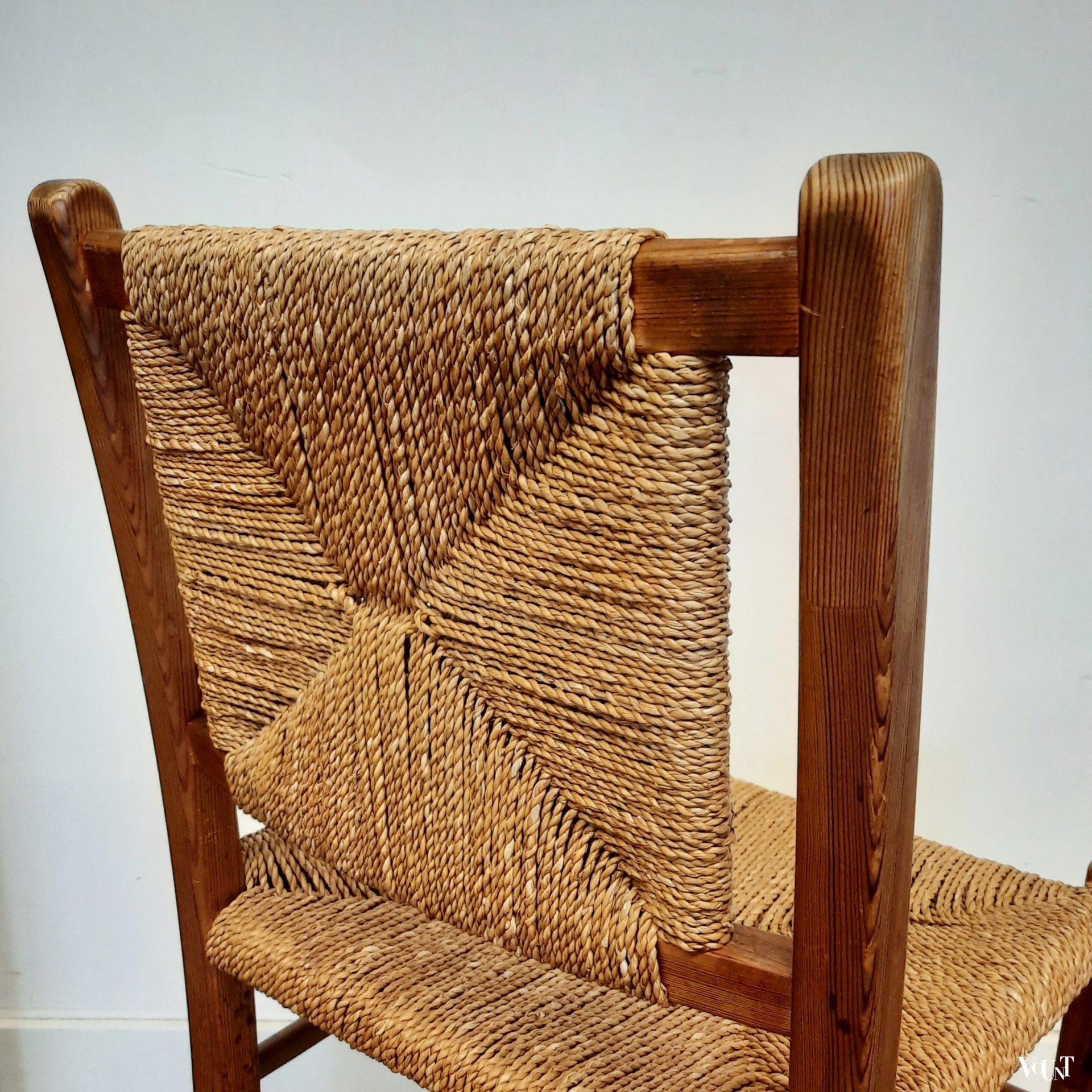 Set van 2 grenen houten stoelen met touwzitting en -rugleuning, jaren '60