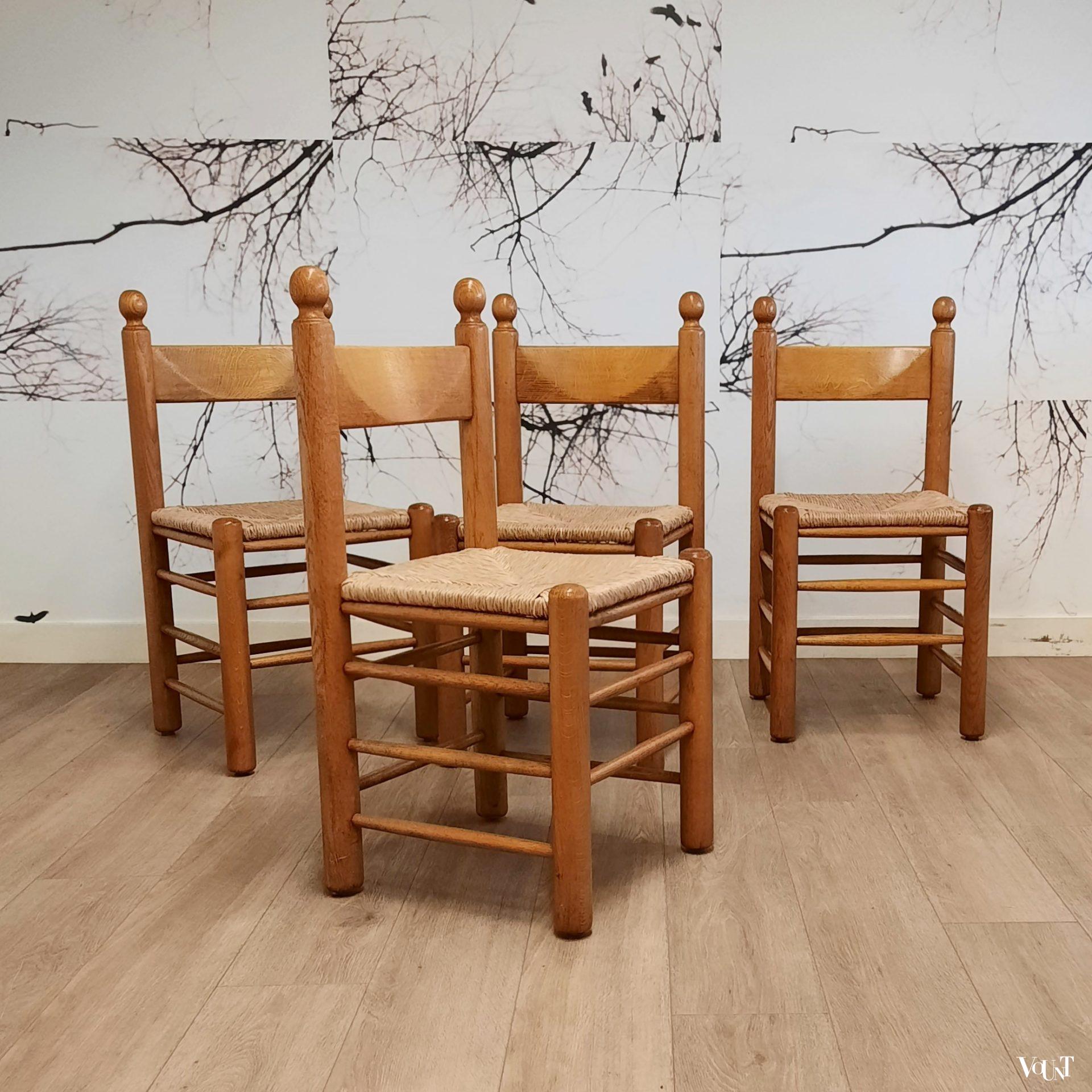 Set van 4 brutalist stoelen hout met biezen, jaren '70