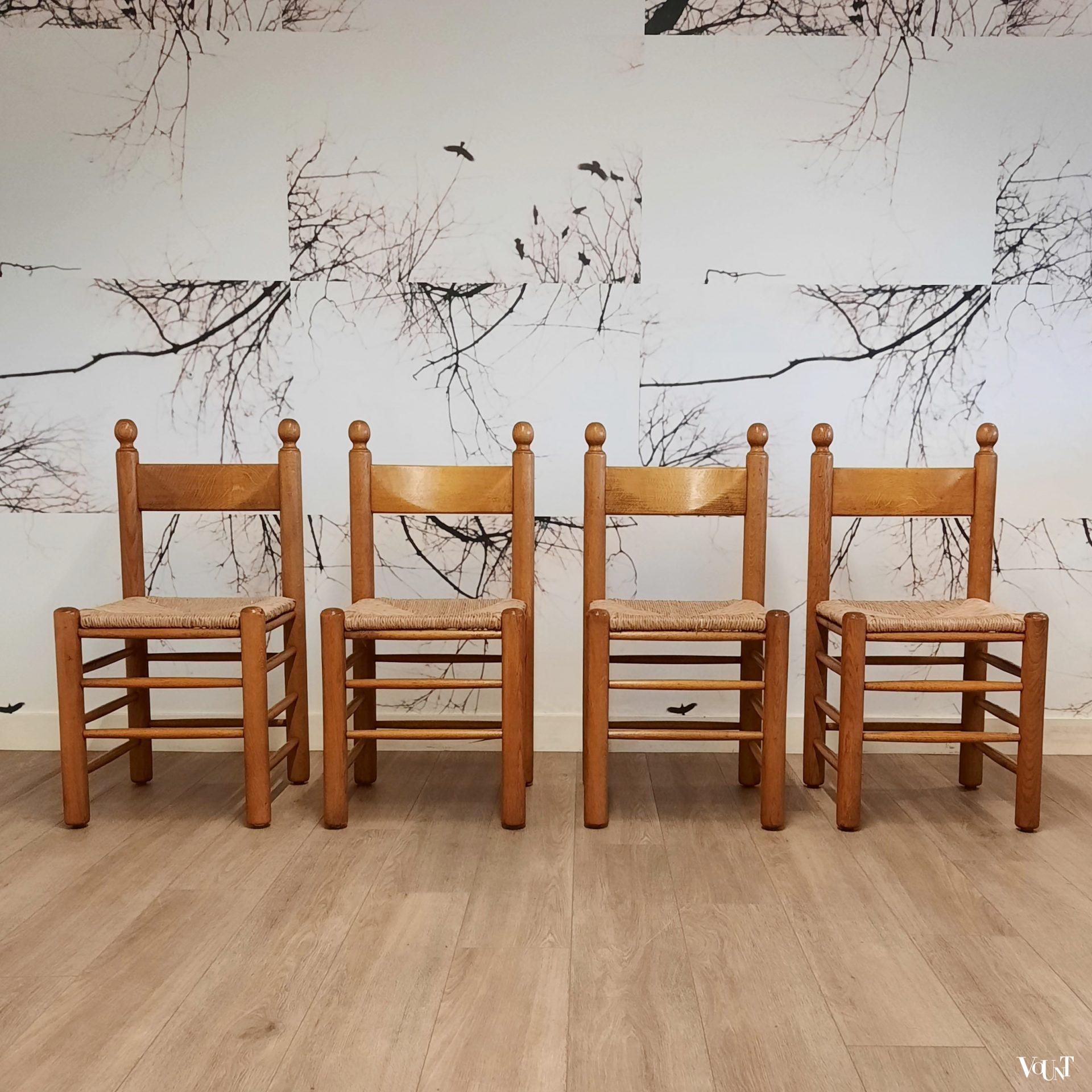 Set van 4 brutalist stoelen hout met biezen, jaren '70