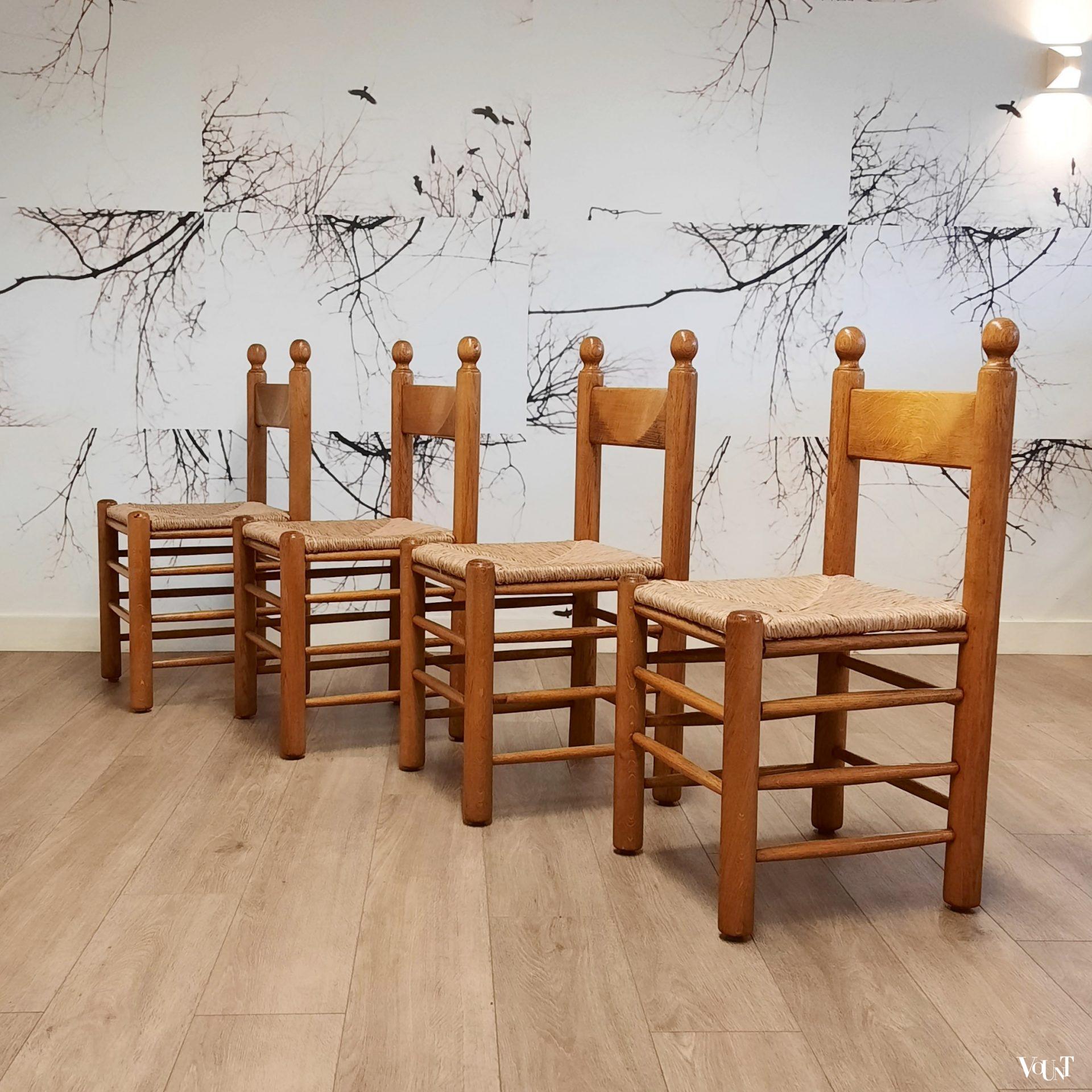 Set van 4 brutalist stoelen hout met biezen, jaren '70