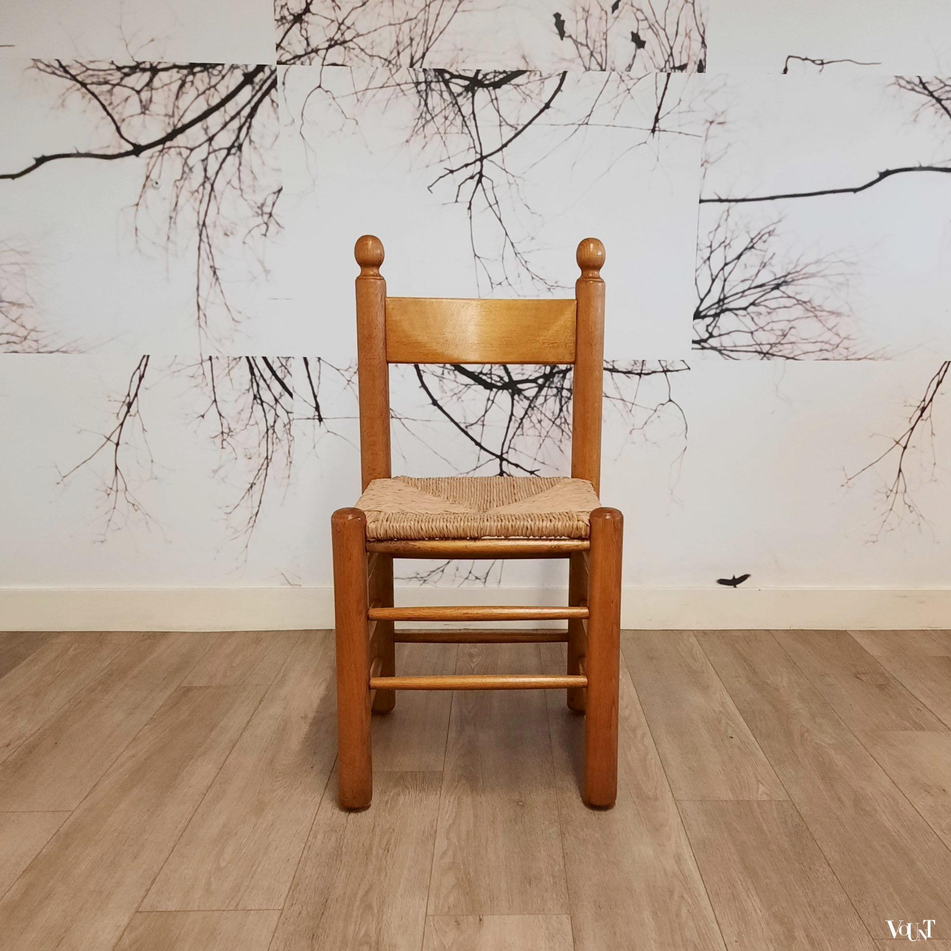 Set van 4 brutalist stoelen hout met biezen, jaren '70