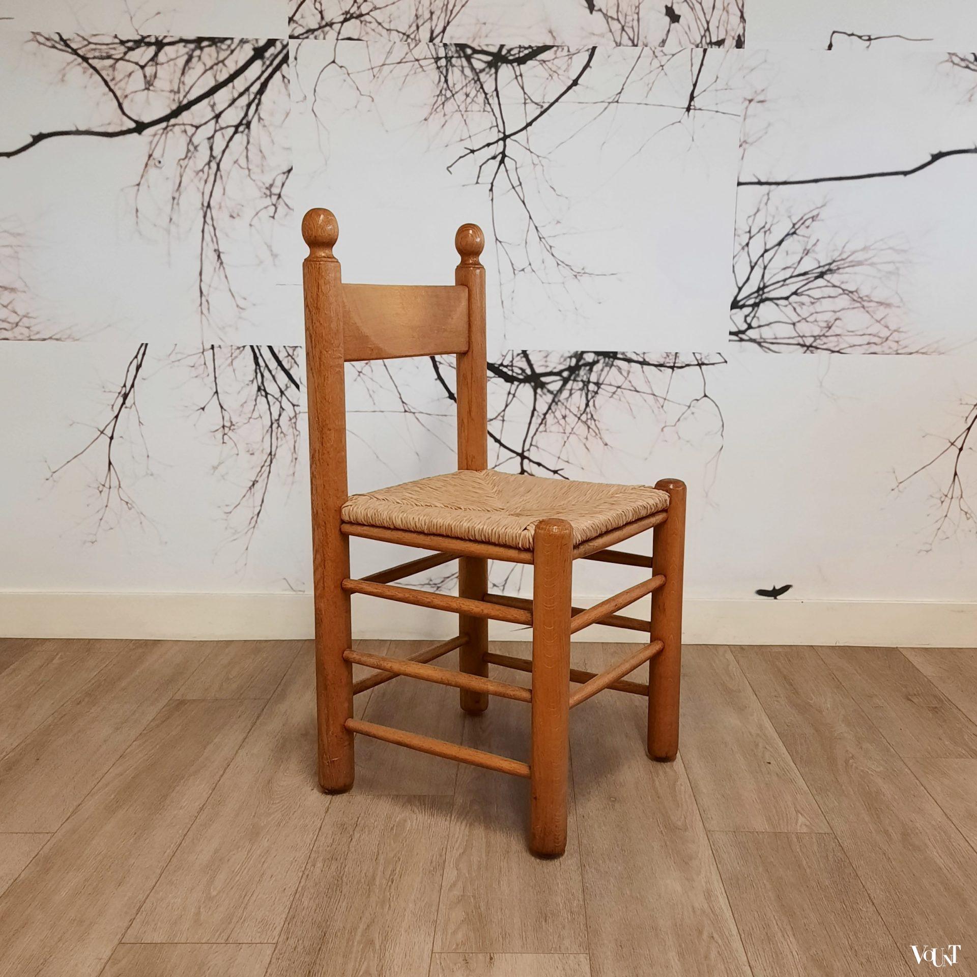 Set van 4 brutalist stoelen hout met biezen, jaren '70