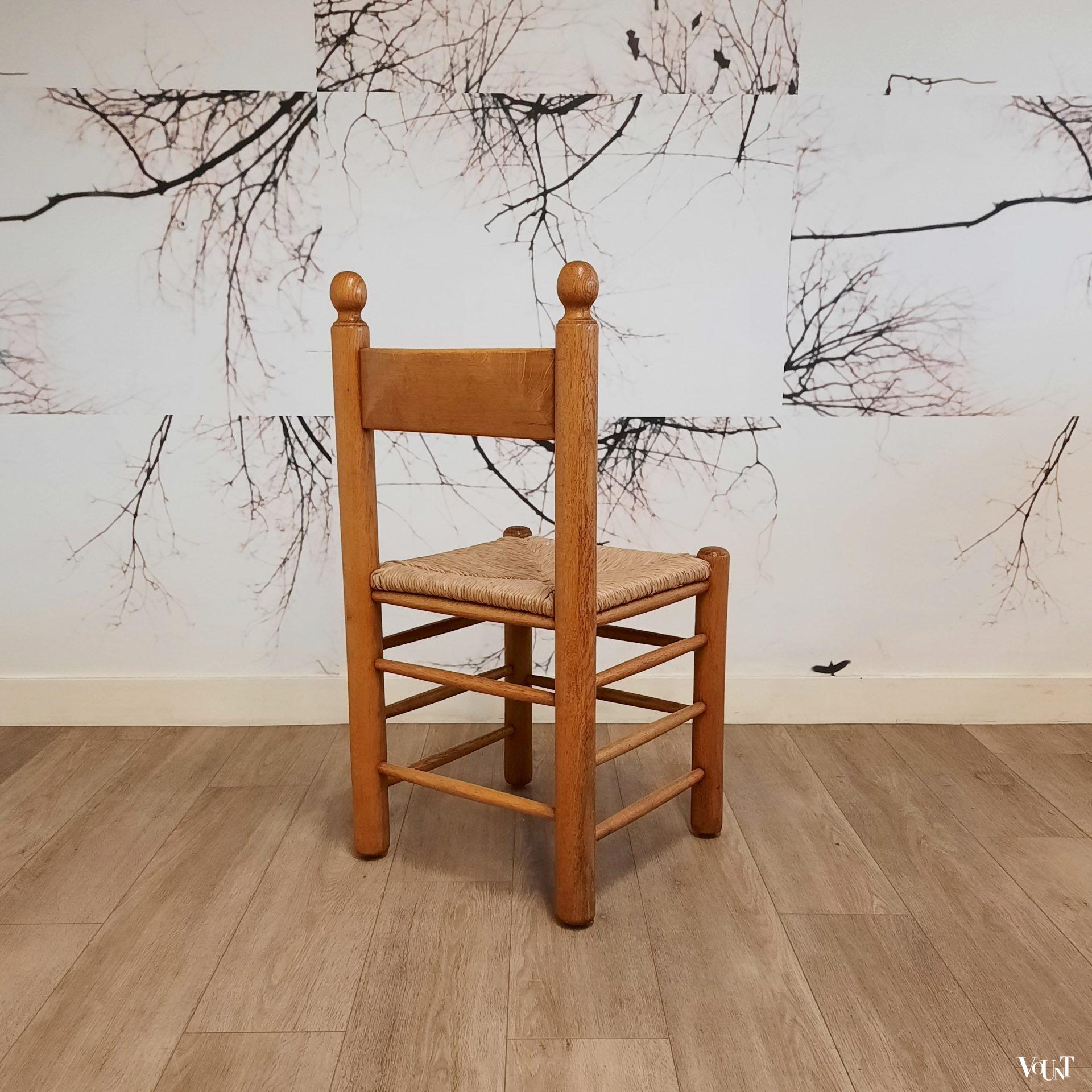 Set van 4 brutalist stoelen hout met biezen, jaren '70