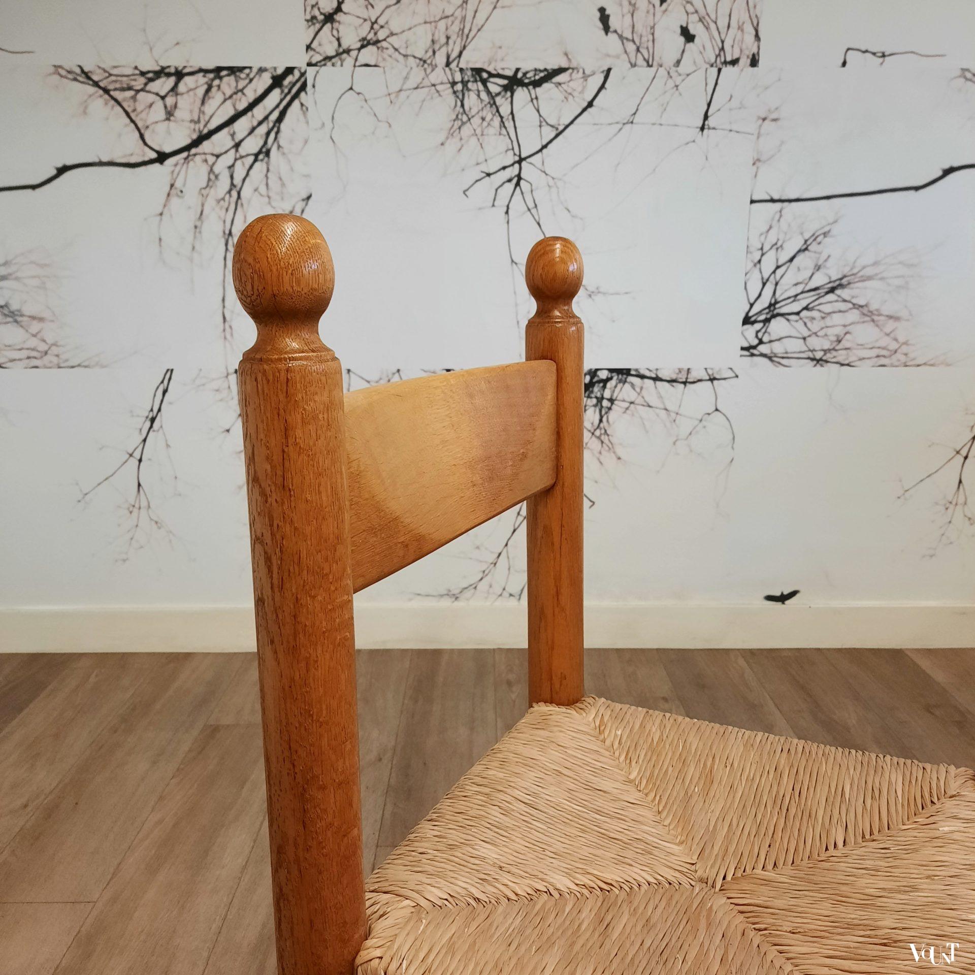 Set van 4 brutalist stoelen hout met biezen, jaren '70