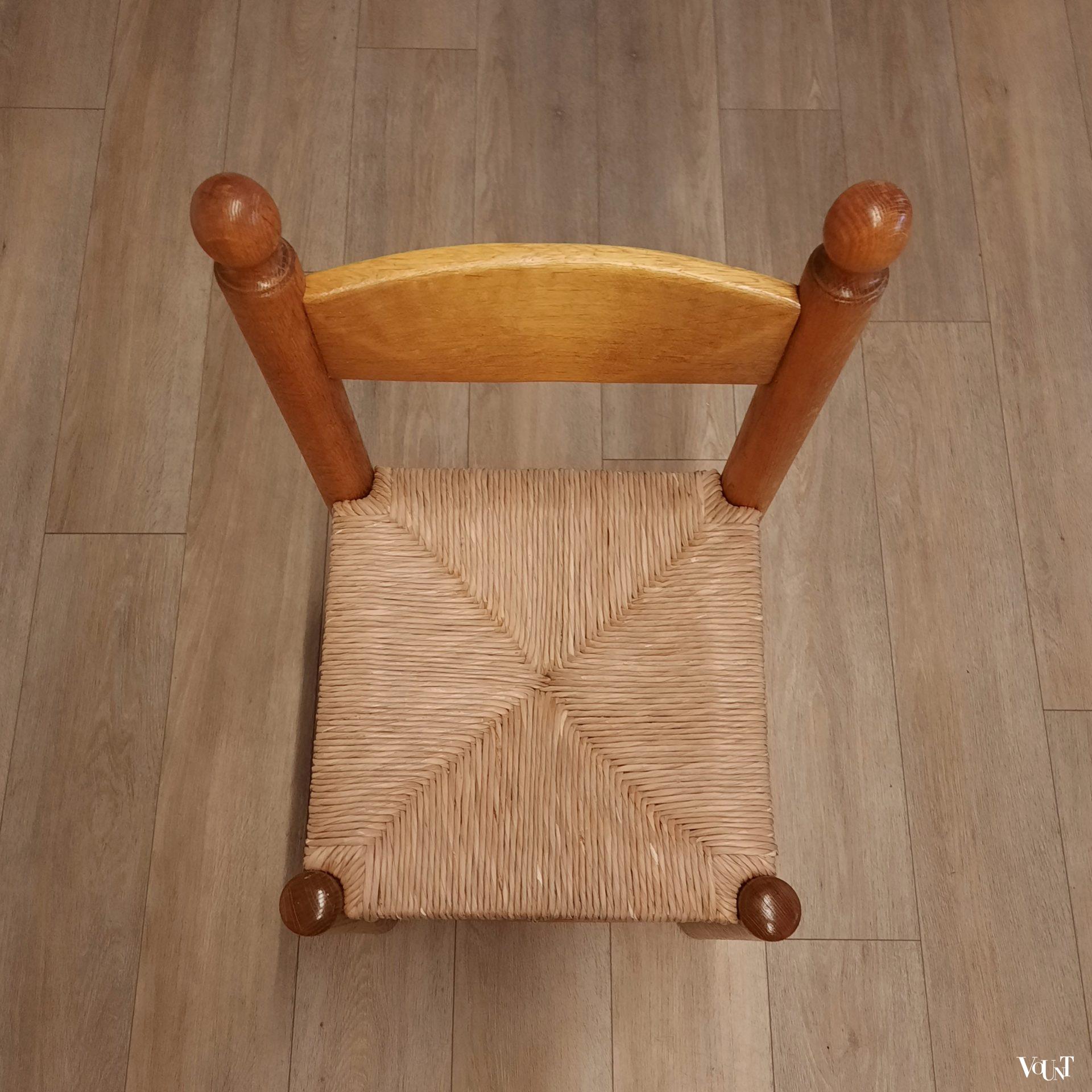 Set van 4 brutalist stoelen hout met biezen, jaren '70