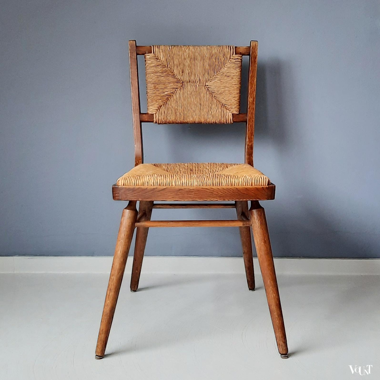 Vintage stoel met biezen zitting en rugleuning, jaren '50