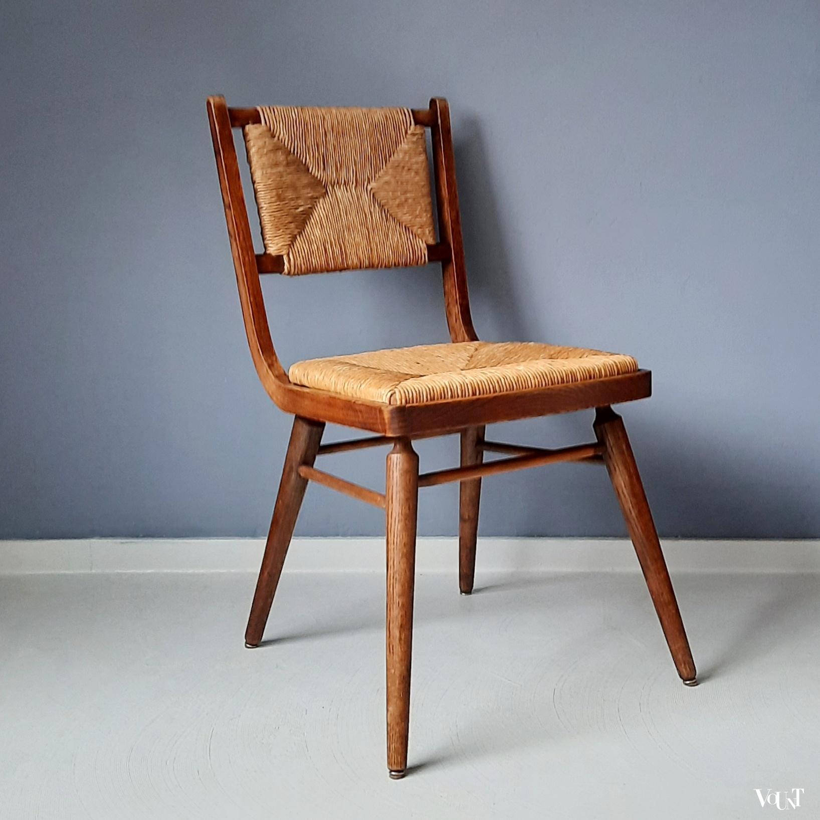 Vintage stoel met biezen zitting en rugleuning, jaren '50