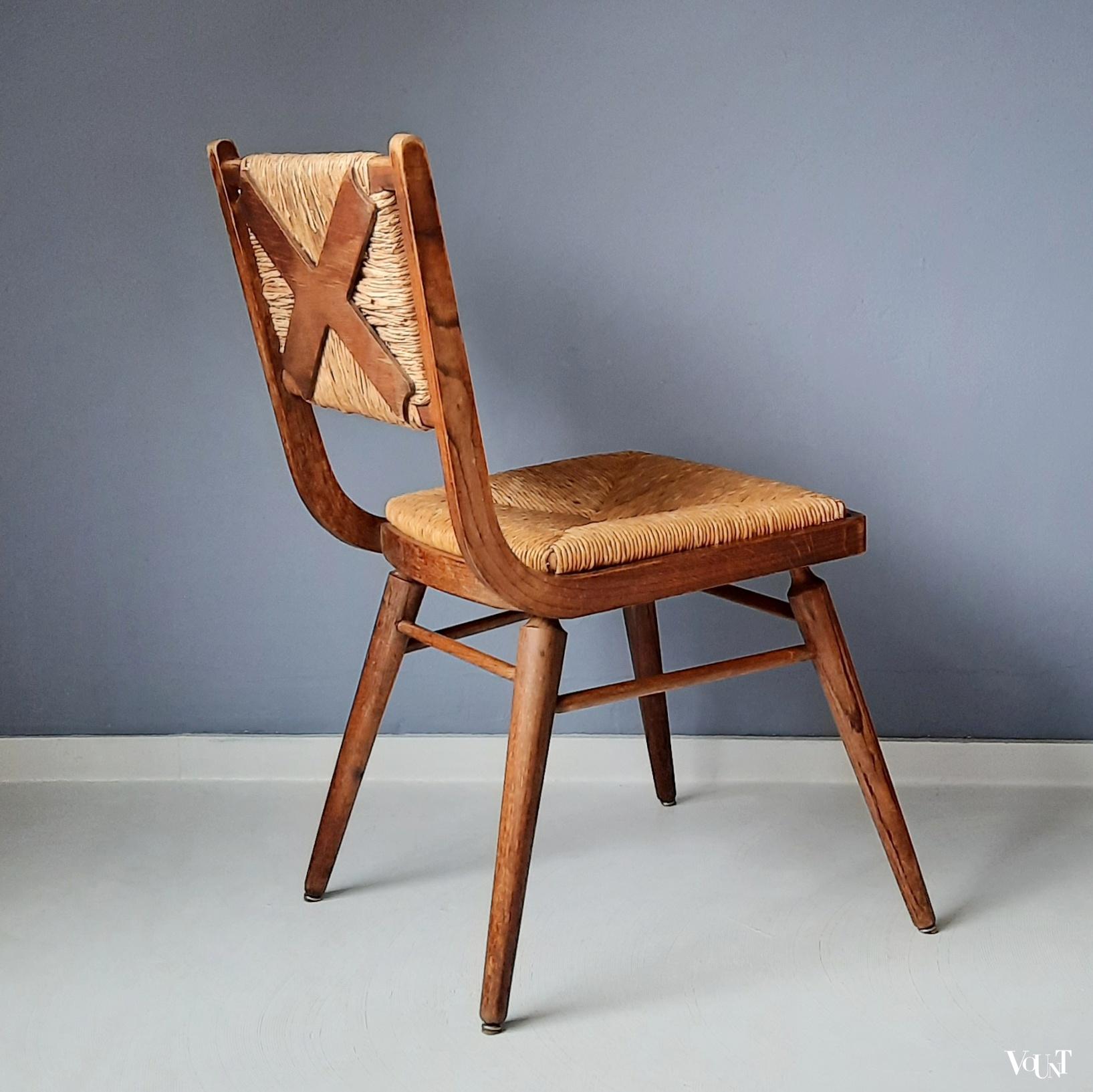 Vintage stoel met biezen zitting en rugleuning, jaren '50