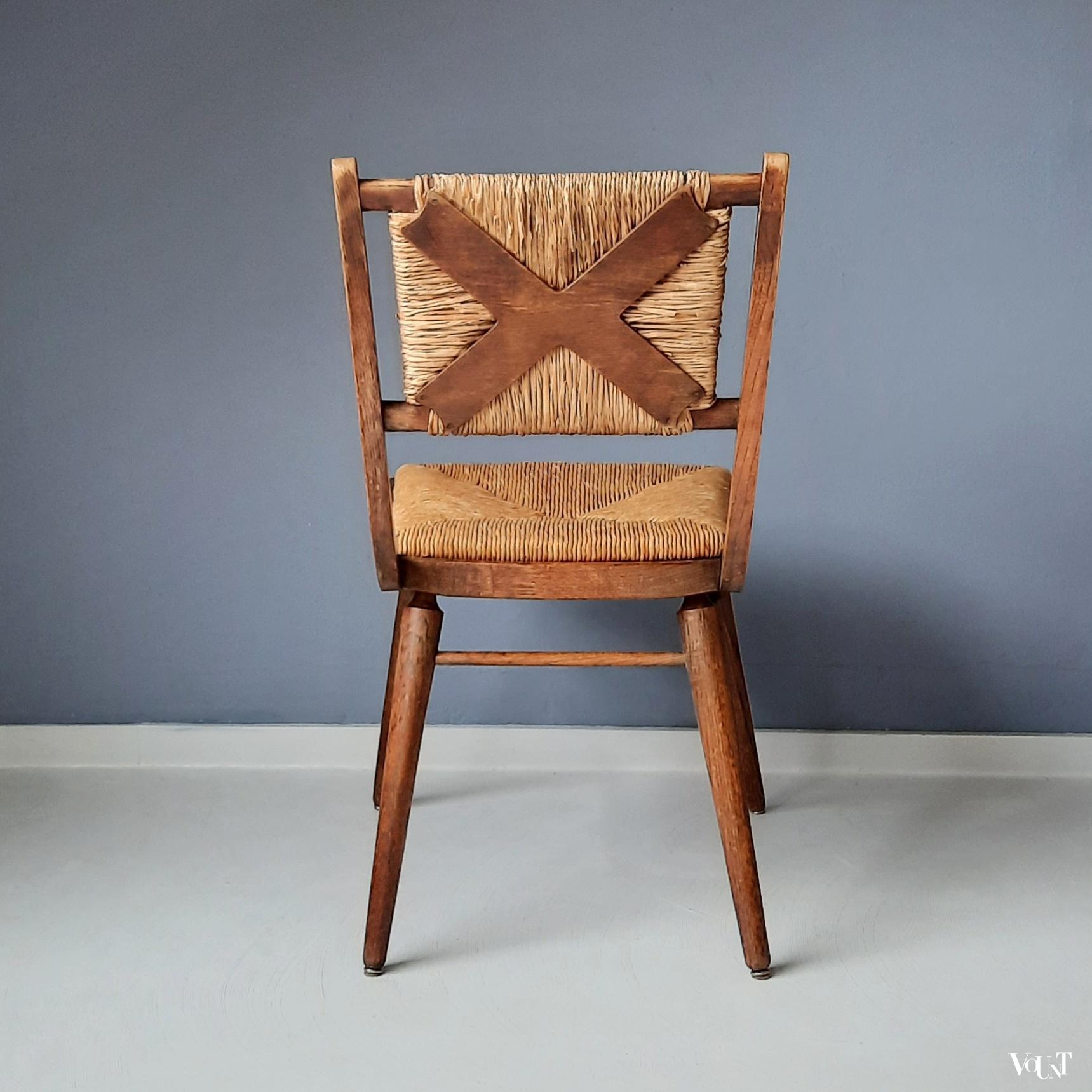 Vintage stoel met biezen zitting en rugleuning, jaren '50