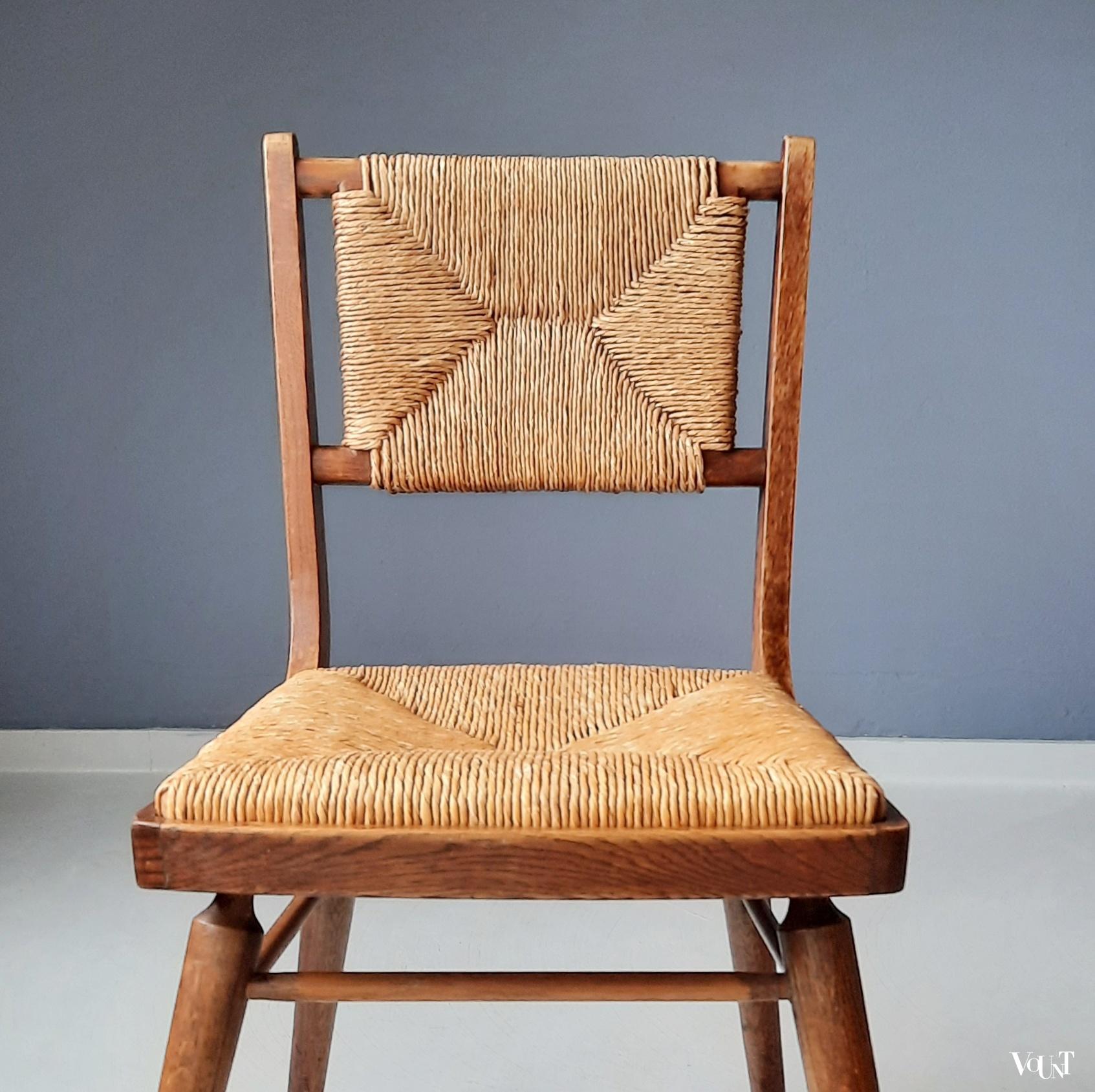 Vintage stoel met biezen zitting en rugleuning, jaren '50