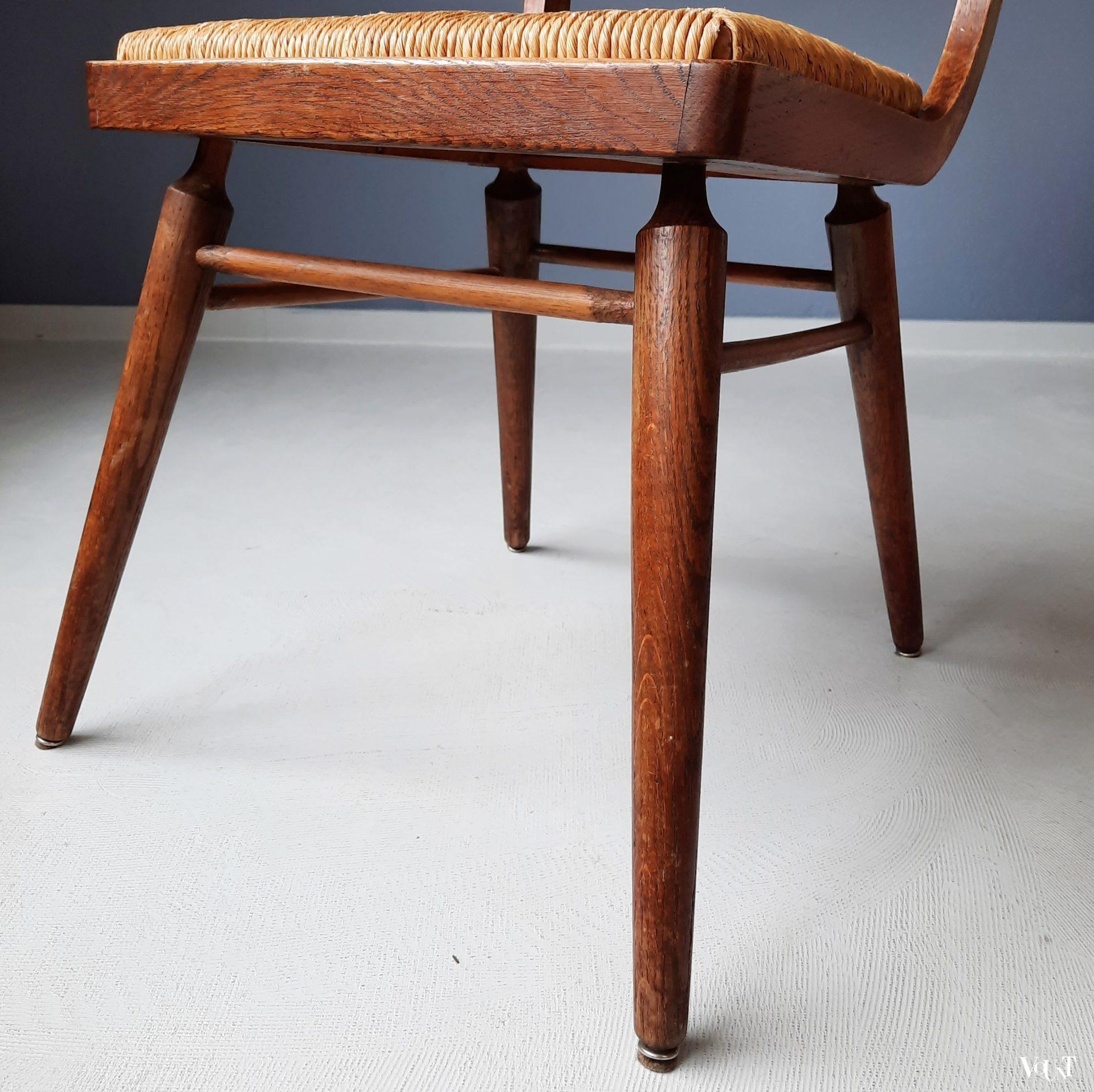 Vintage stoel met biezen zitting en rugleuning, jaren '50