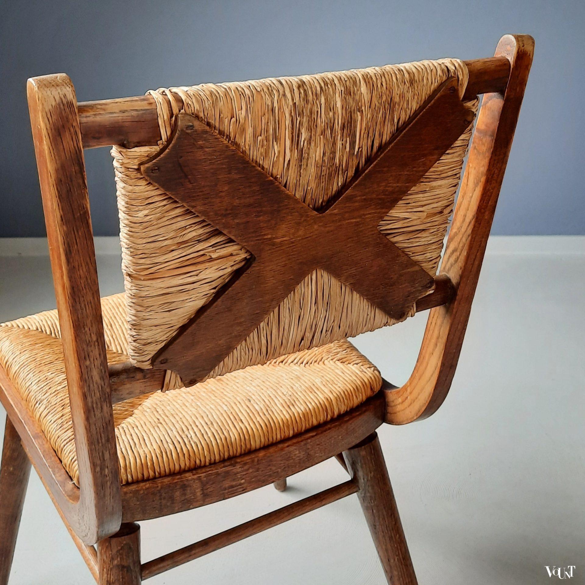 Vintage stoel met biezen zitting en rugleuning, jaren '50