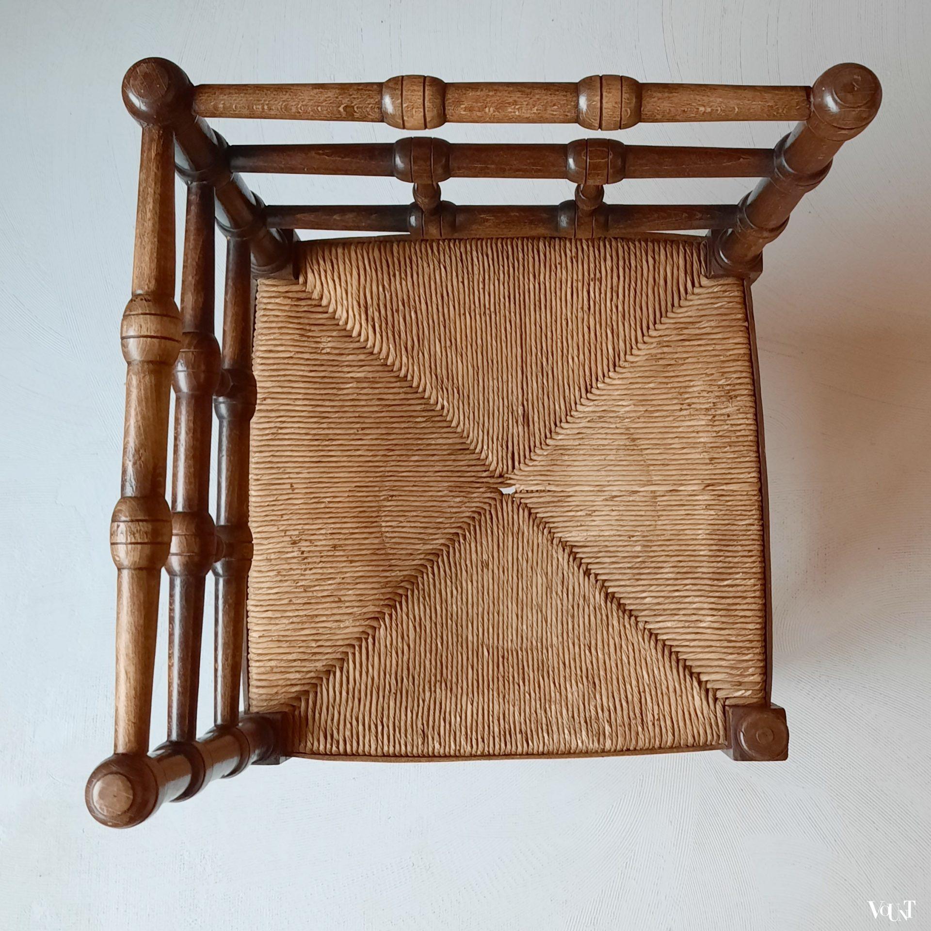 Antiek knobbel-/ faux bamboo hoekstoeltje met biezen, rond 1900